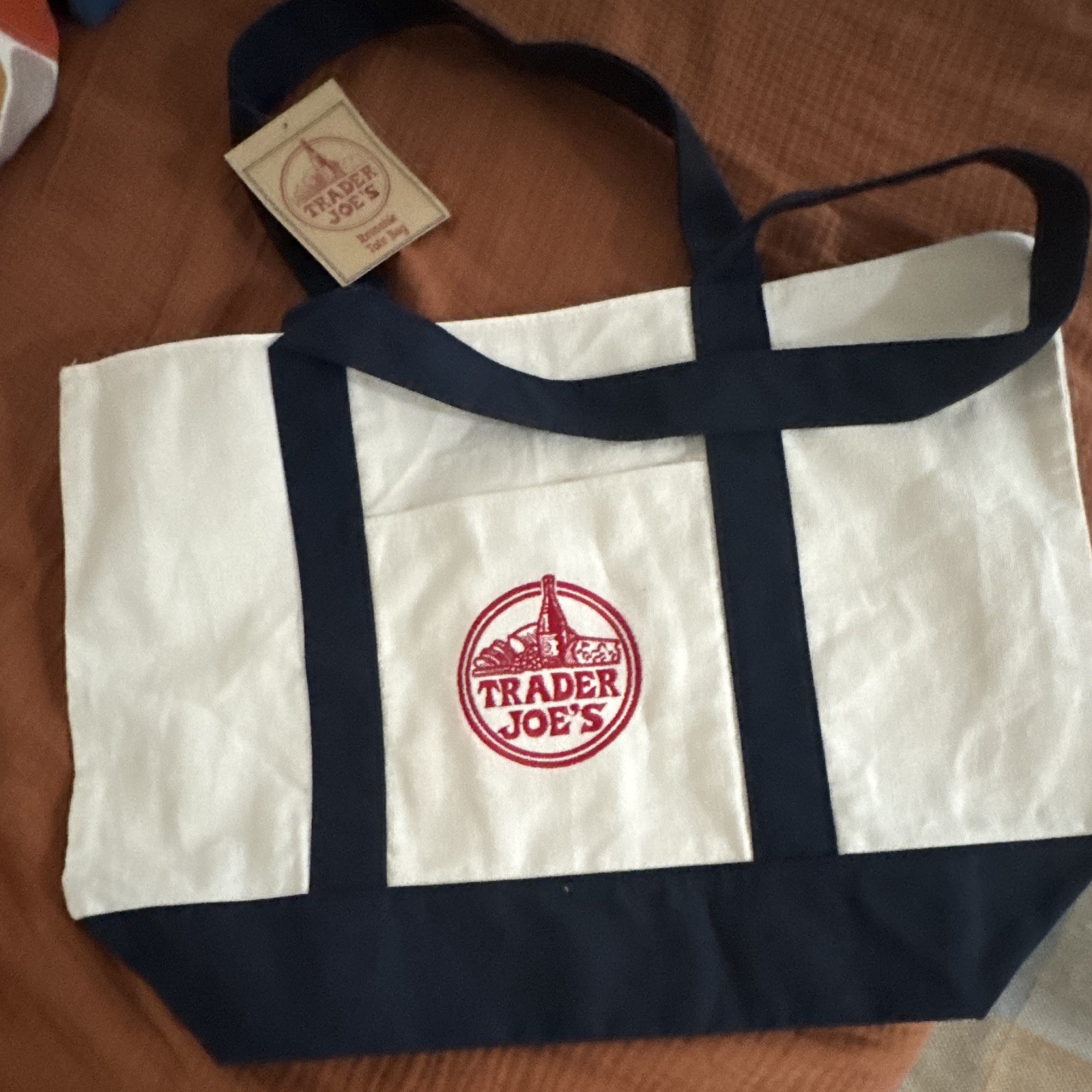 Trader Joe’s Reusable Tote Shopping Bag White & Blue with Logo Pattern