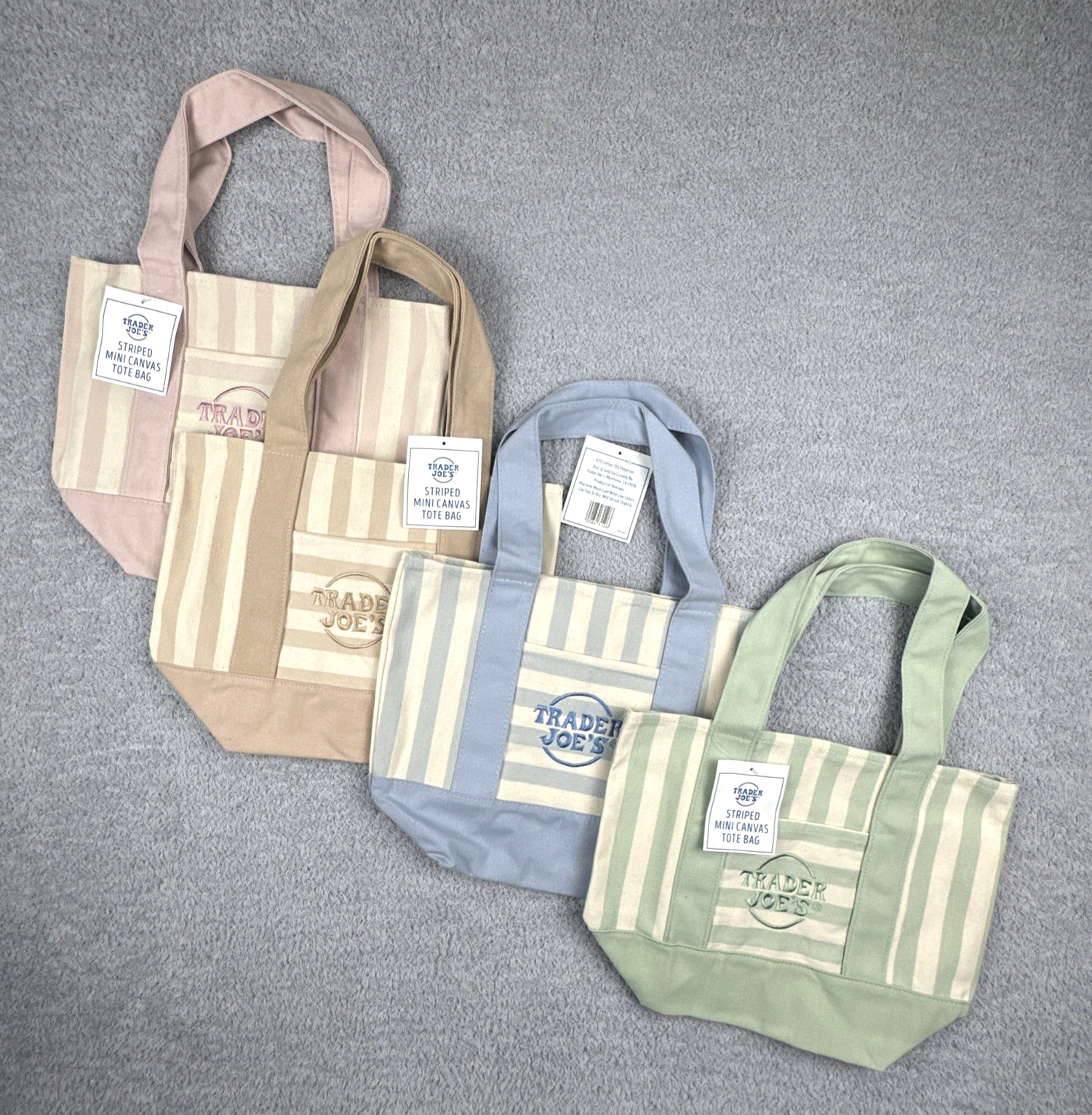 TRADER JOE’S MINI PASTEL STRIPE CANVAS TOTE BAGS SET Of 4 PINK BLUE GREEN BEIGE