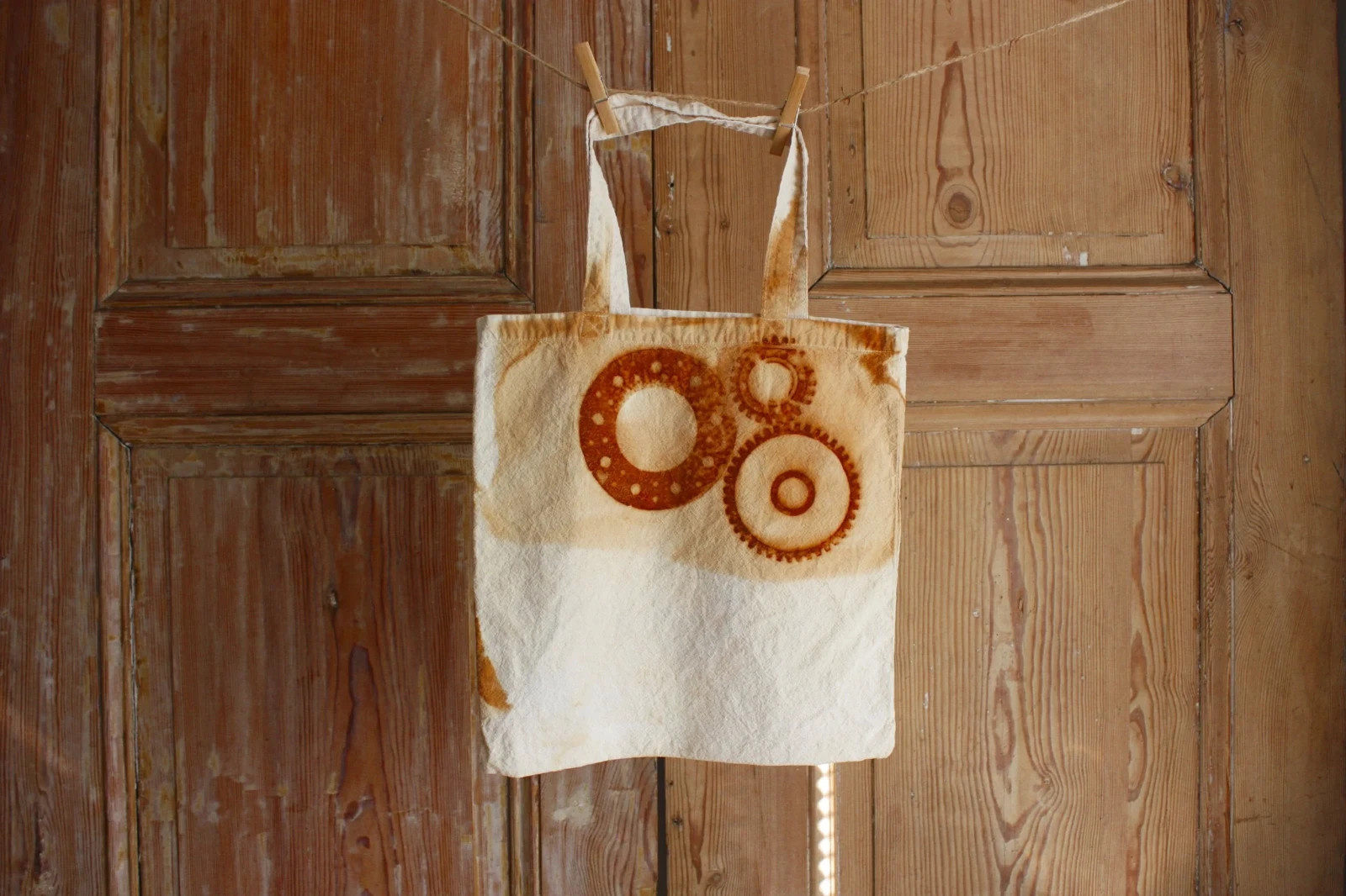 Light Cotton Tote Bag Rust Dyed Gears Handmade Book Bag Farmers Market 14×14