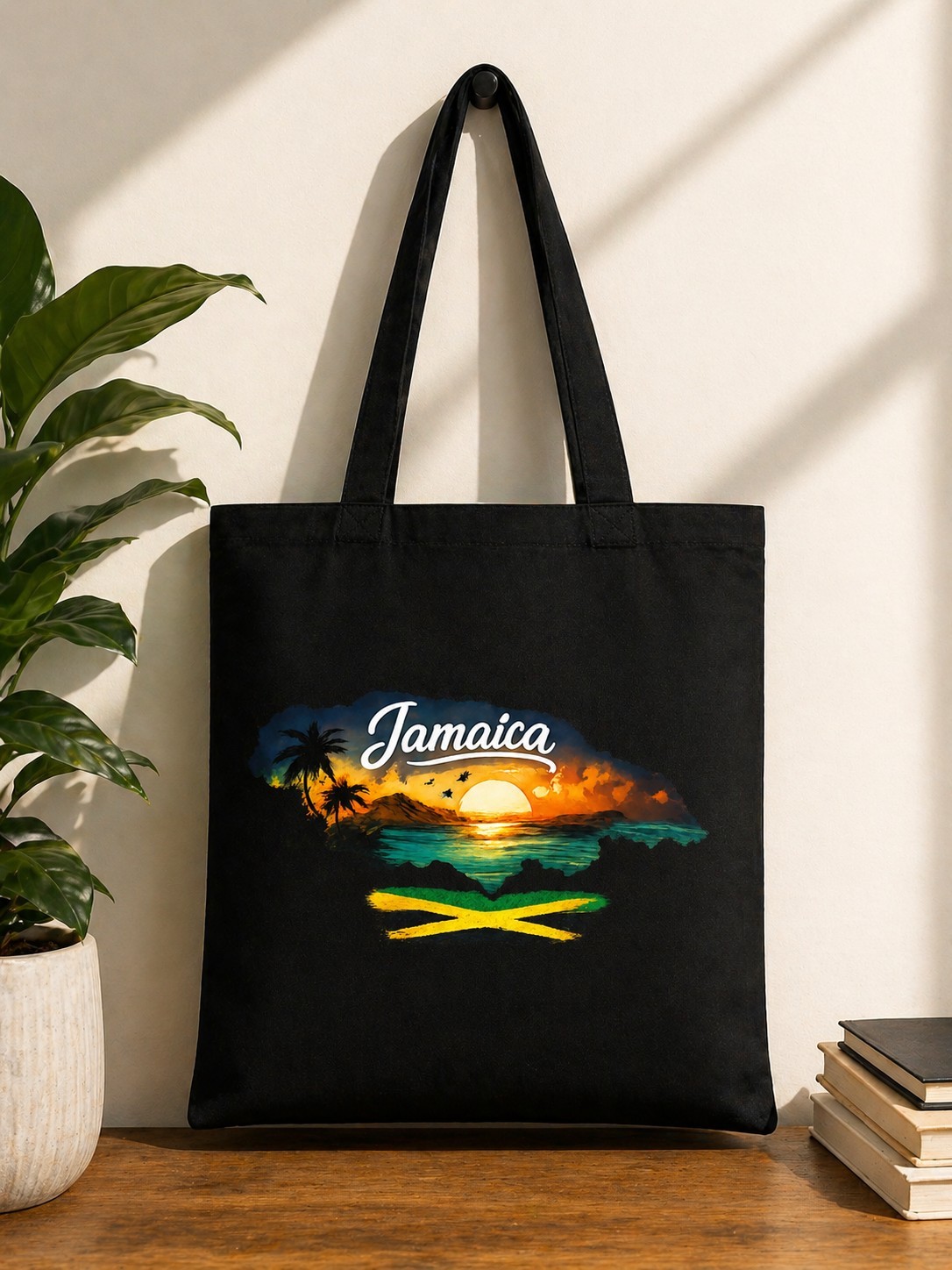 Eco-Friendly Canvas Tote Bag Black Multicolor All-Over Pattern Foldable 15x13in