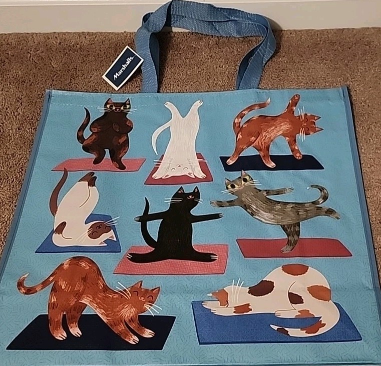 Marshalls Fancy YOGA Cats & Poses -Large Reusable Shopping Tote Eco-Friendly Bag