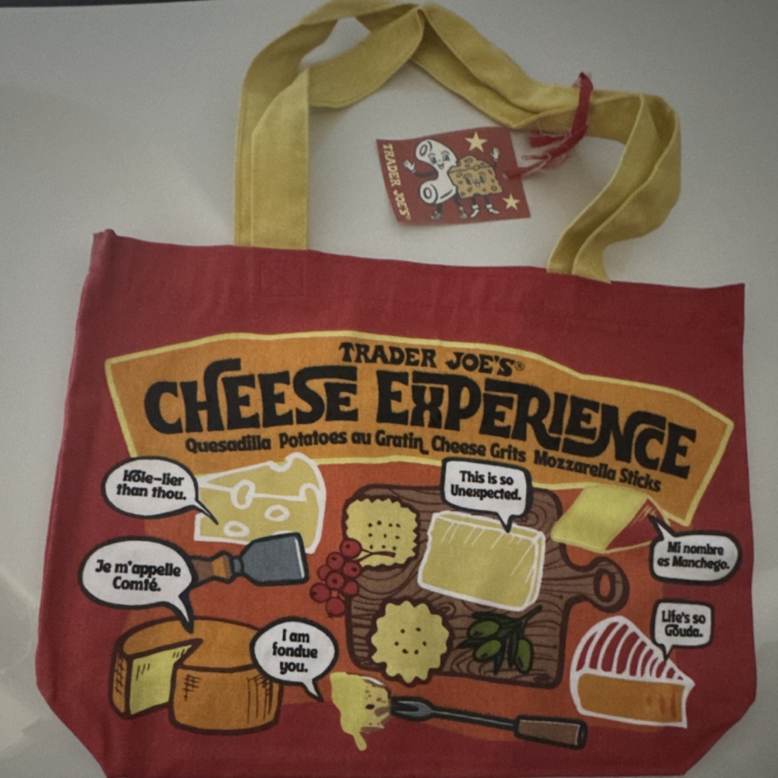 Trader Joe’s Cheese Experience Reusable Shopping Bag Red Yellow Cotton