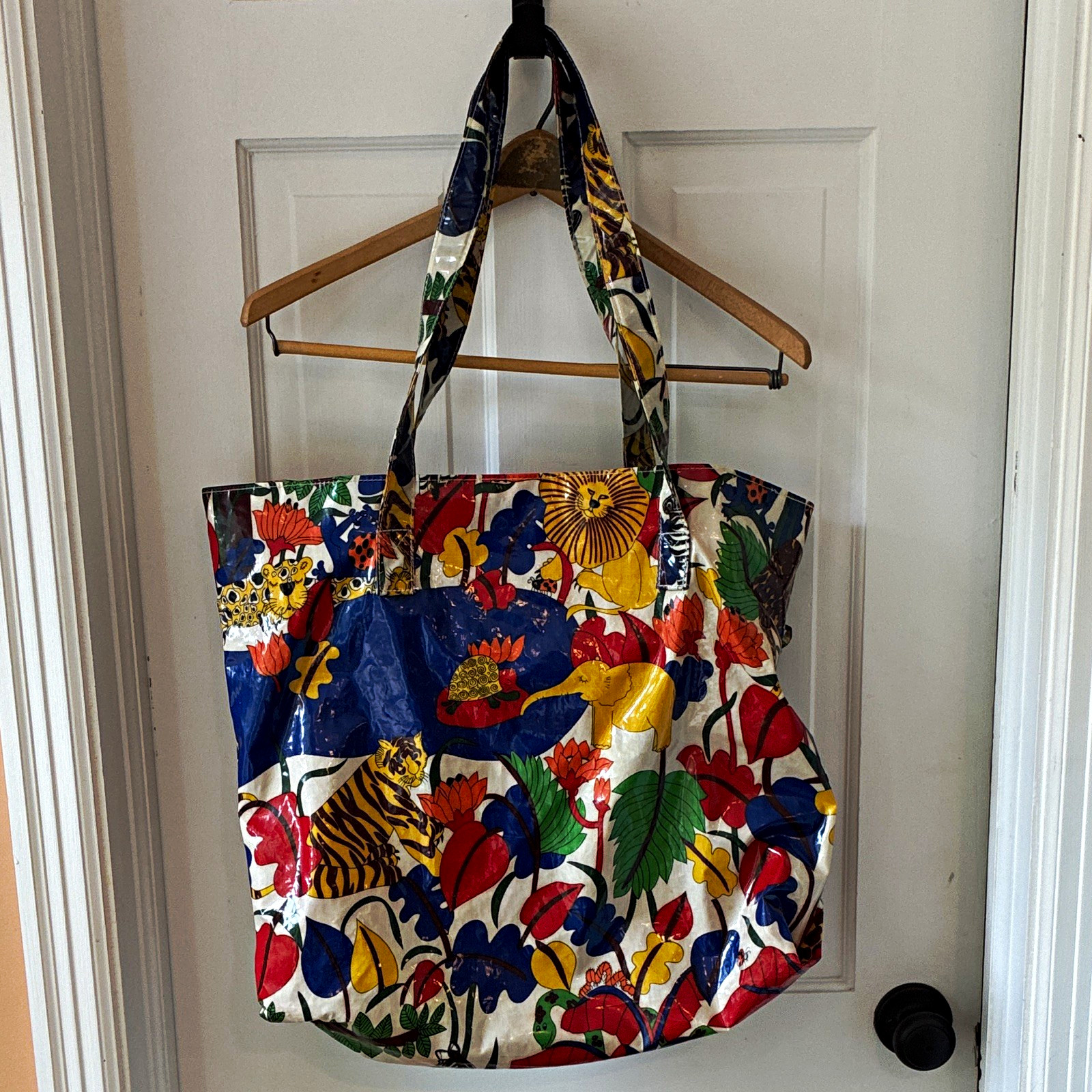 Vintage Vinyl Large Tote Bag with fun Jungle Print
