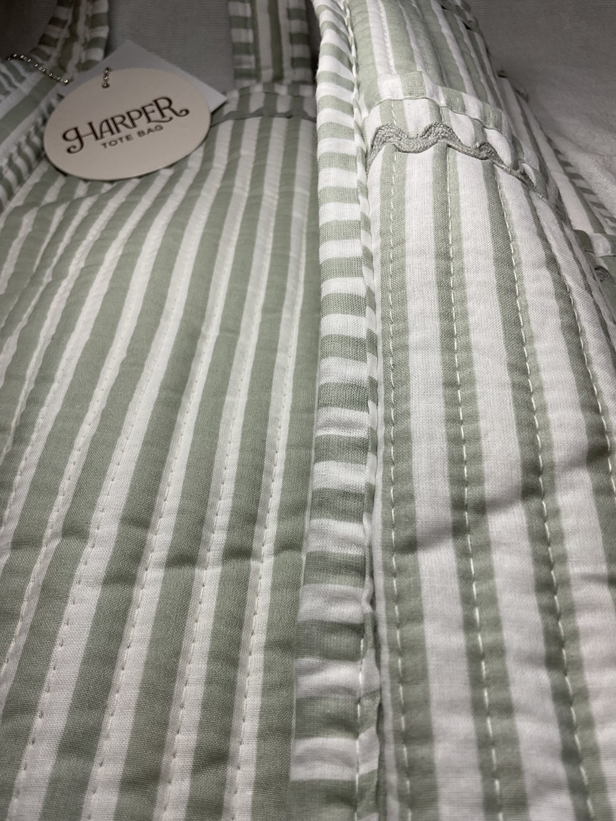HARPER TOTE SHOPPING BAG 17 x 18 x 5 INCHES GREEN WHITE STRIPES 100% COTTON NWT