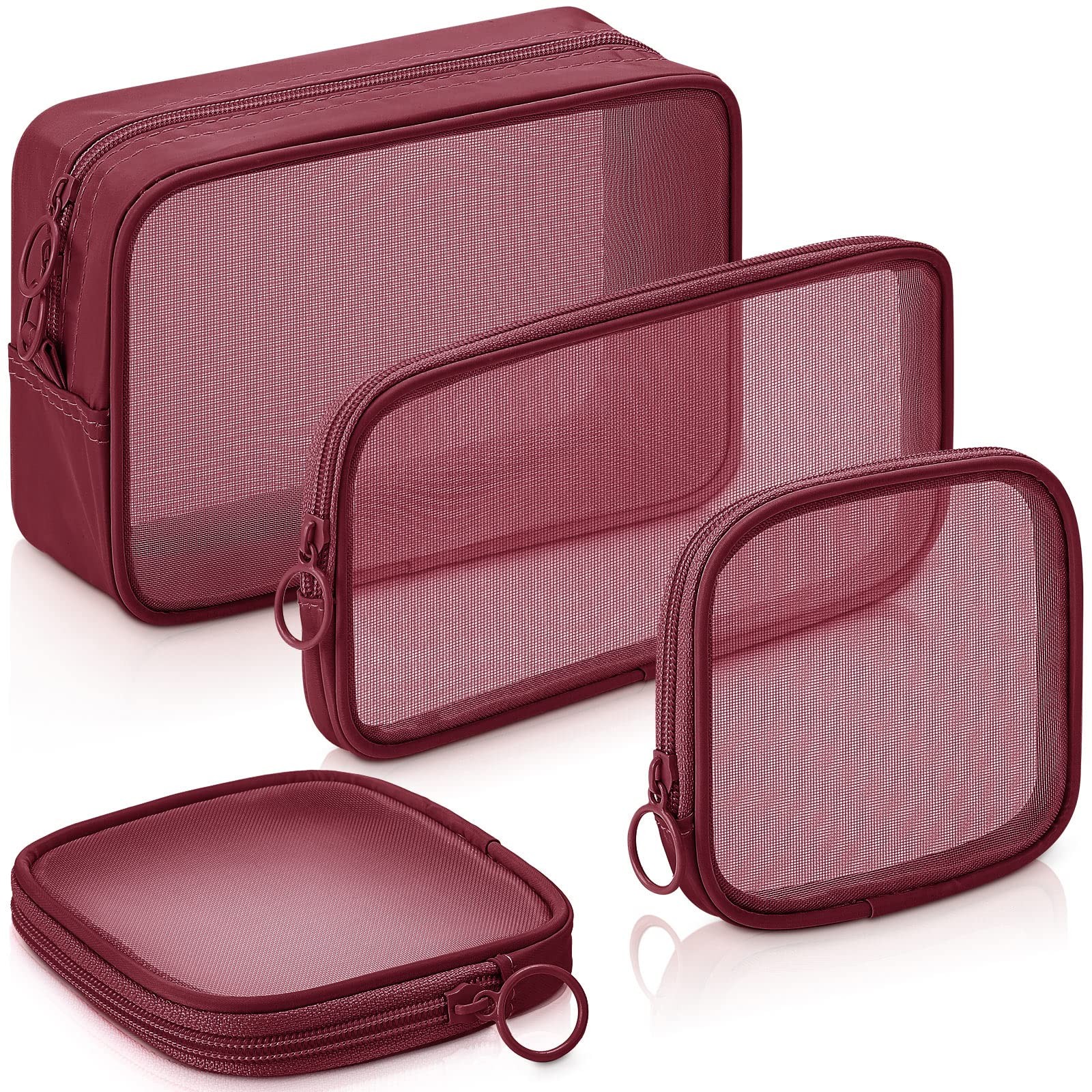 Weewooday 4 Pcs Mesh Makeup Bag Cosmetic Variety Pack, Wine Red