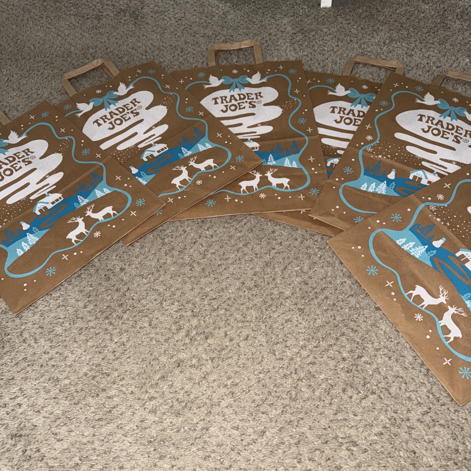 Trader Joe’s Lot of 6 NEW Holiday Brown Paper Grocery Bags Blue Winter Scene