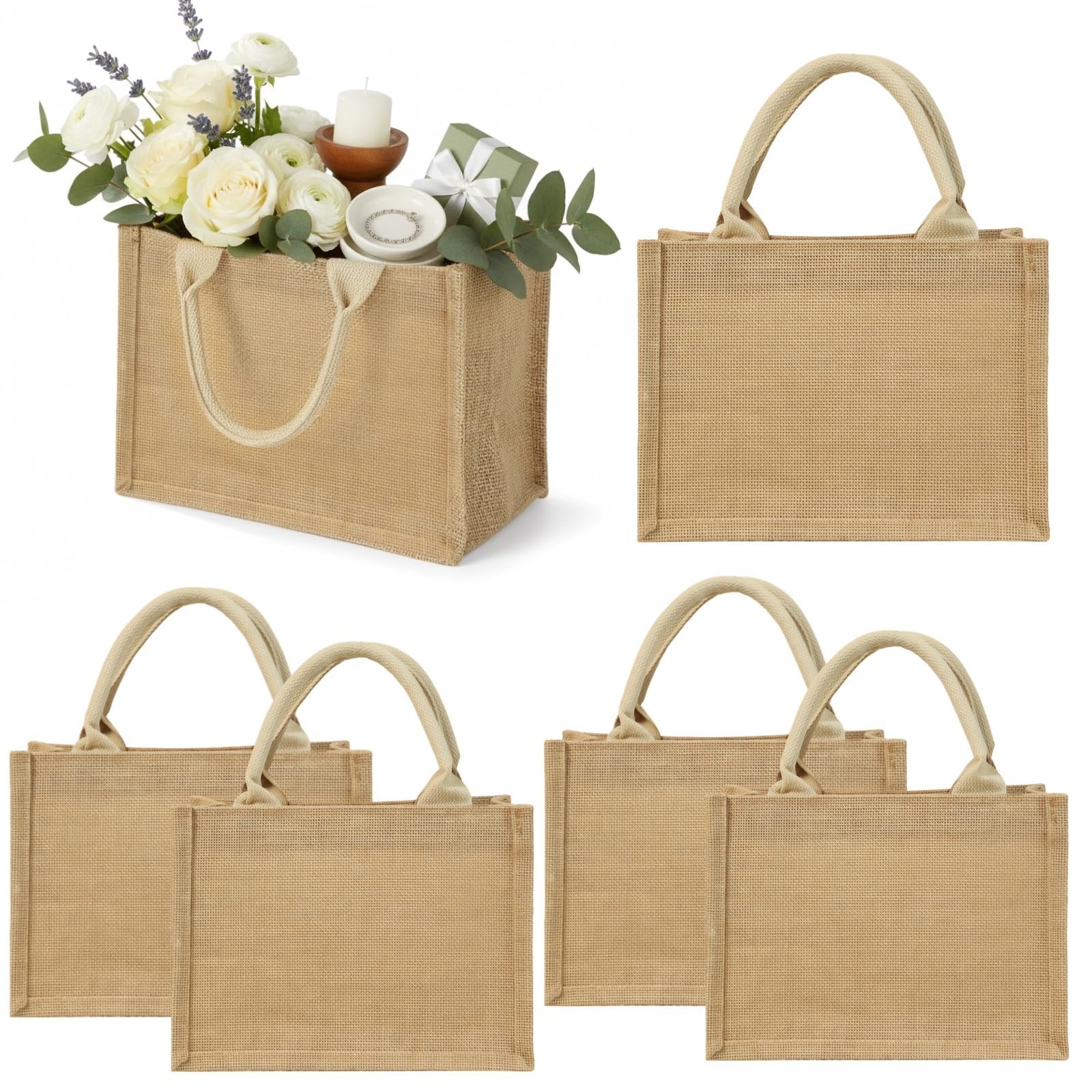 5 PCS 9.8×7.1 In Natural Reusable Blank Burlap Jute Gift Tote Bags Handles