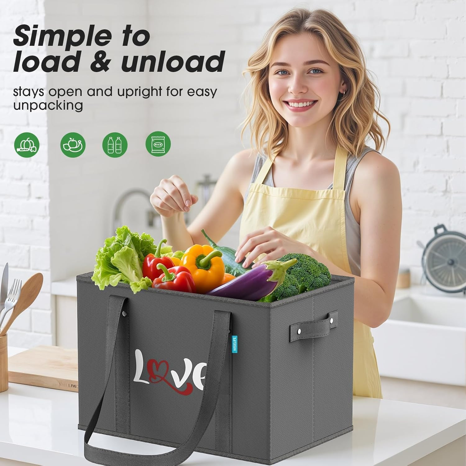 Reusable Grocery Bags Heavy Duty Foldable Shopping Tote Bags with Handles & Rein