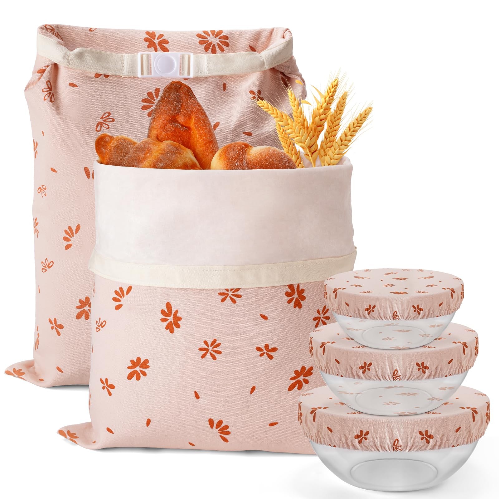 5 Pack Reusable Beeswax Bread Bags 2 XL +3（size 8in 10in 12in), Pink+Brown