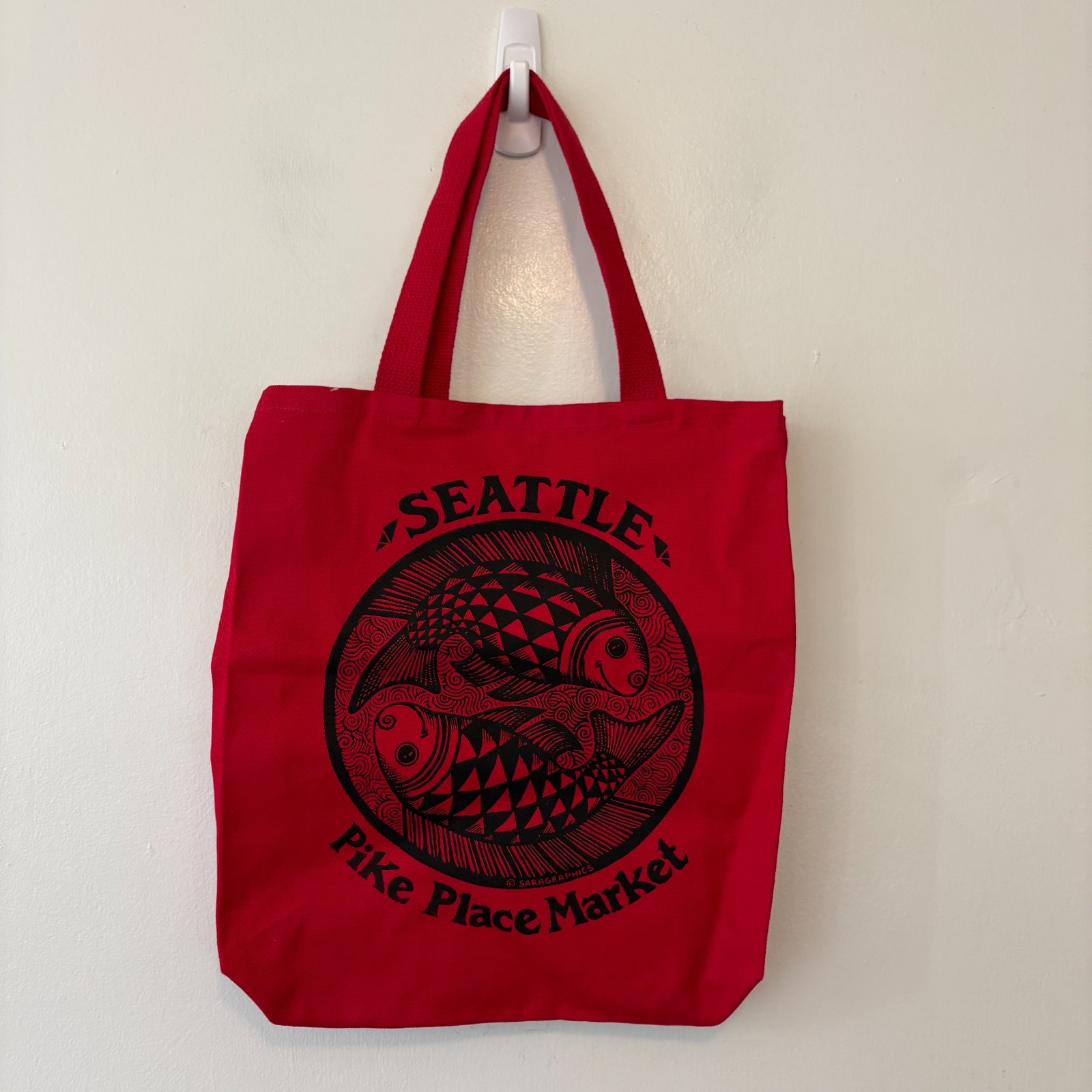 Seattle Pike Place Market Red Black Tote Bag Yin Yang Fish