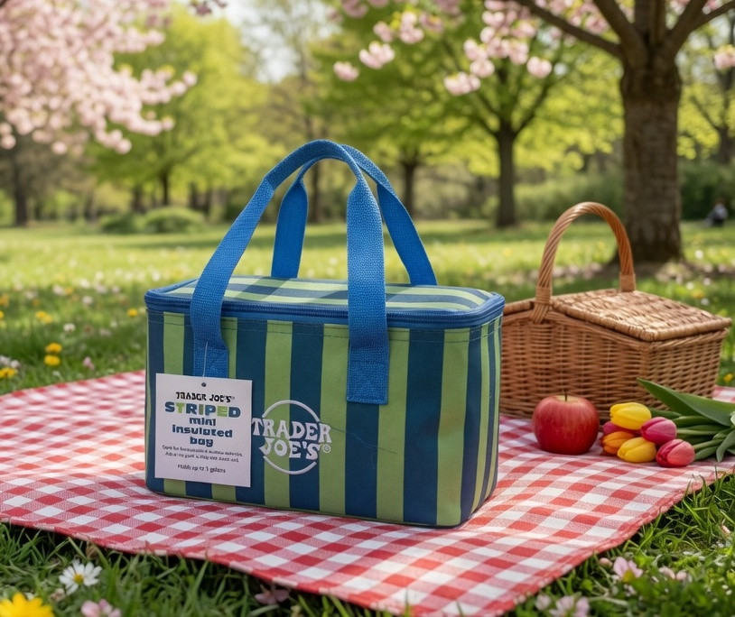 Trader Joe’s newest limited edition mini insulated tote bag Blue & Green stripe