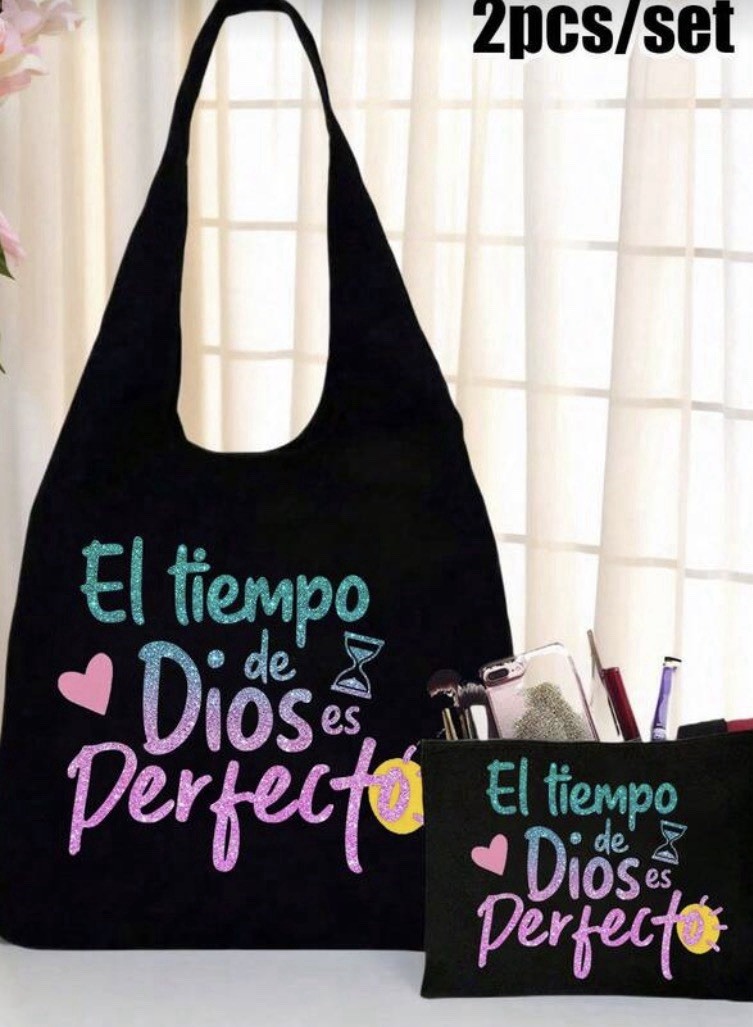 2-Piece Set Foldable Reusable Shopping Bags Black Pink Blue Yellow Printed Text