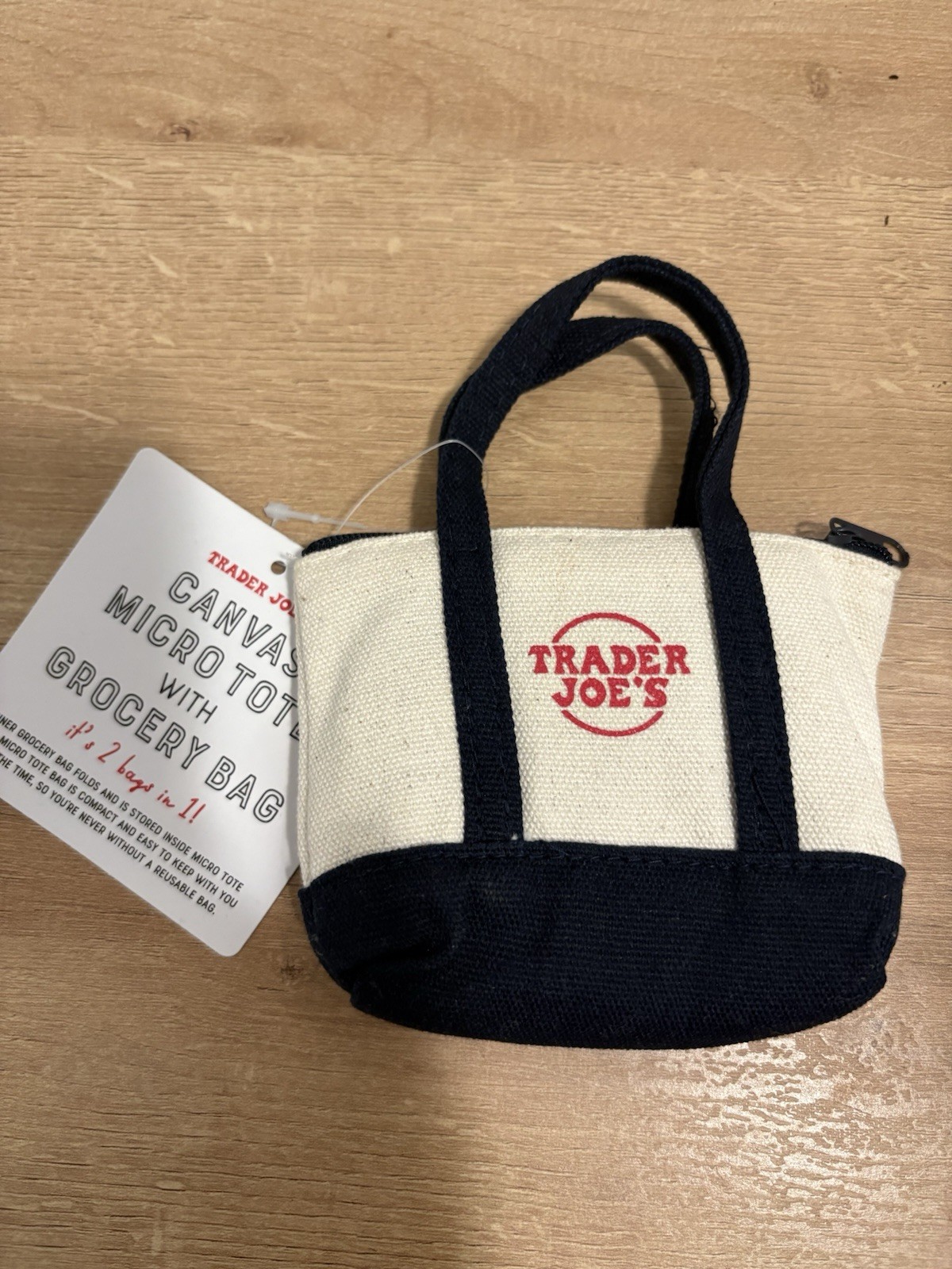 Trader Joe’s Canvas Micro Tote Beige & Black Foldable Zipper Bag