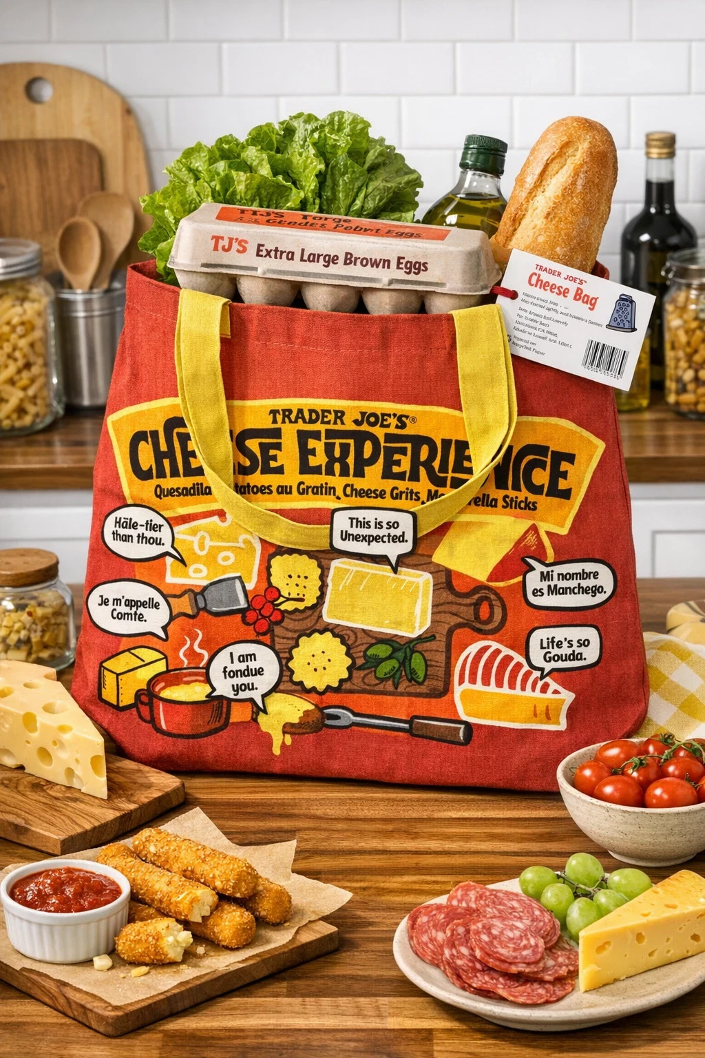Trader Joe’s Cheese Experience Reusable Tote Bag Made in USA 100% Cotton