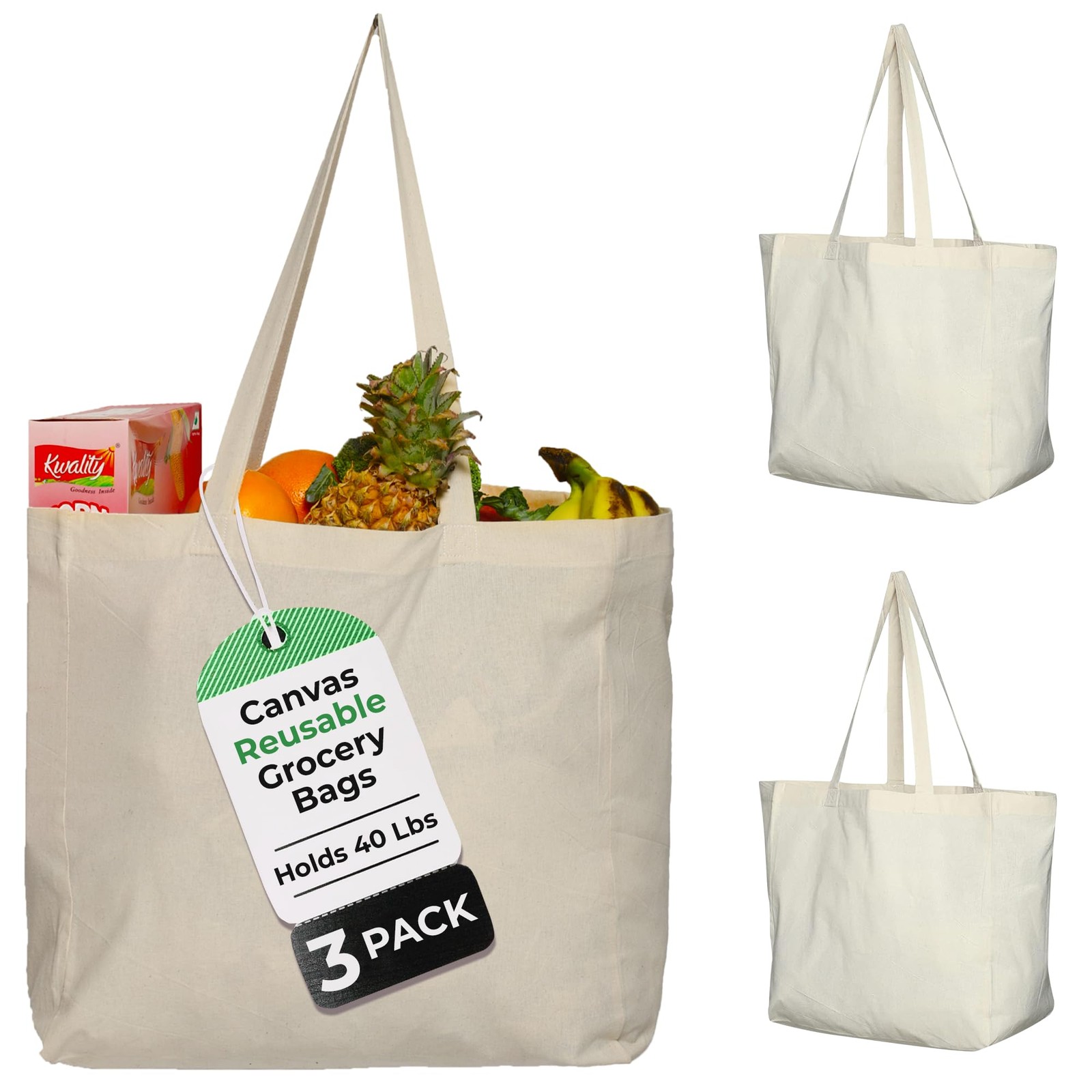 3 Pack Canvas Reusable Grocery Bags – Cotton Canvas Grocery Bag Cloth Shoppin…