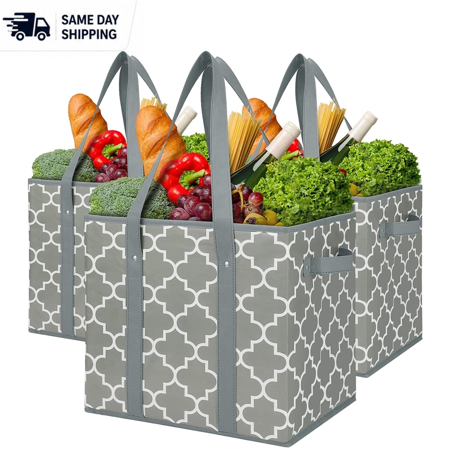 3 Grey Collapsible Grocery Bags – Eco-Friendly Utility Totes for Every Occasion