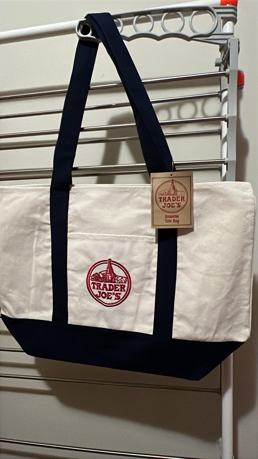 Trader Joe’s Reusable Foldable Tote Bag Cotton Polyester White Navy Blue