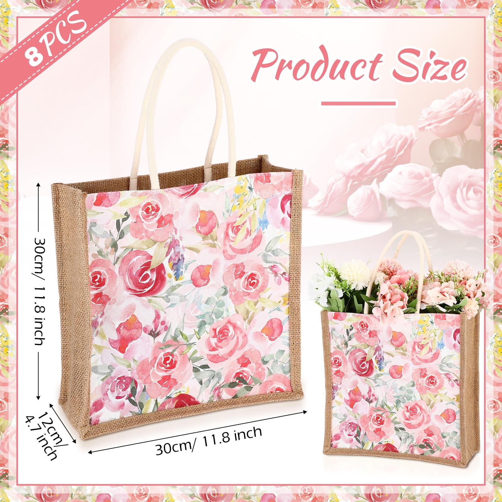 8 PCS Jute Floral Totes Bags Reusable Grocery Handle Burlap Tea Birthday