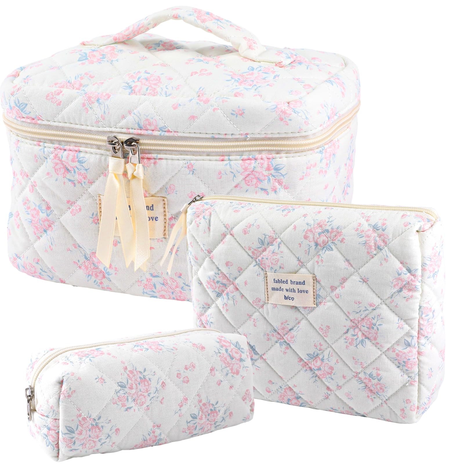 YINGJEE Large Quilted Makeup Bag for Women and Girls, 10-pink green flowers