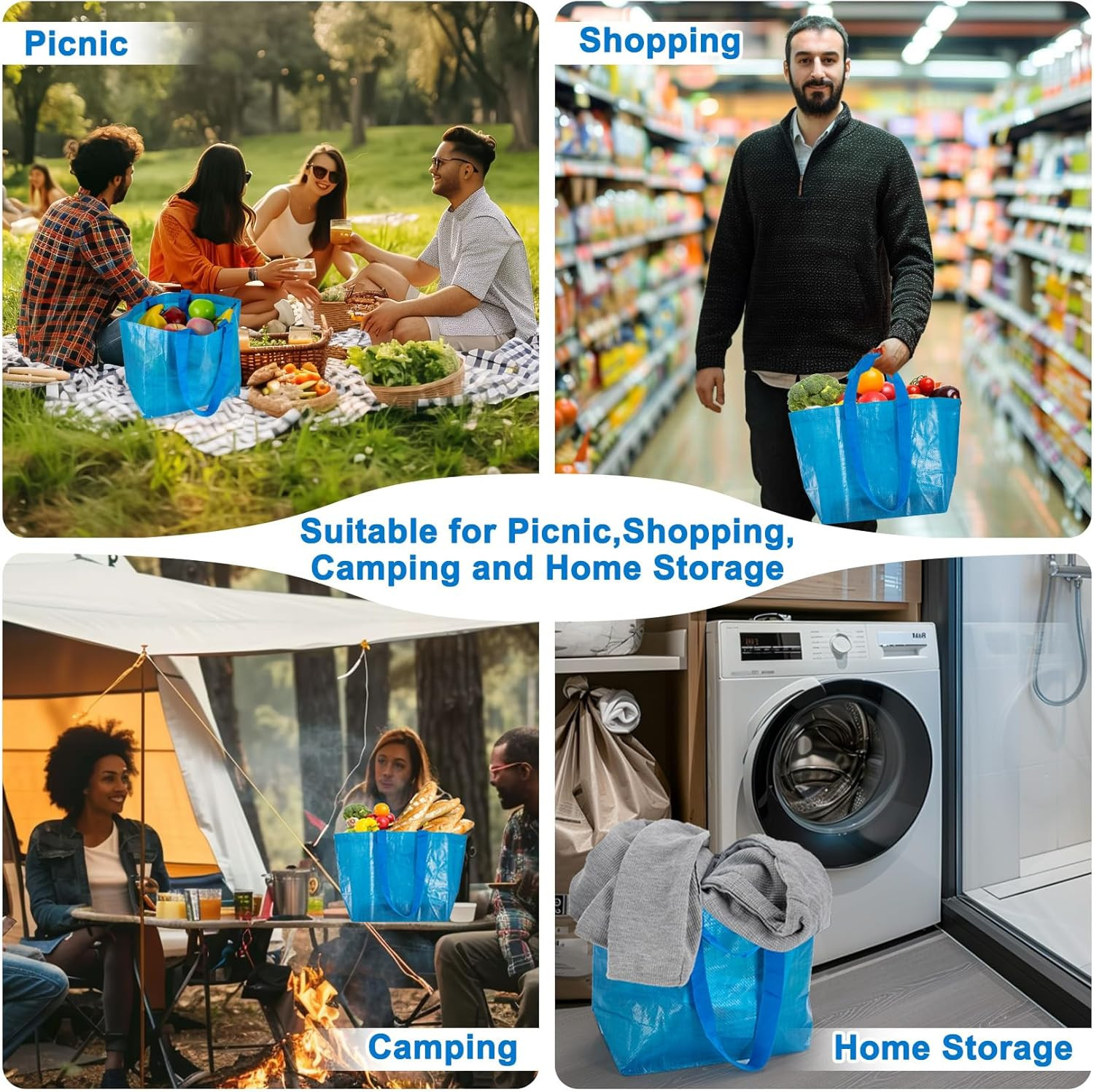 Reusable Grocery Bags – 3 Pcs Blue Grocery Shopping Bags Reusable Woven Polyprop