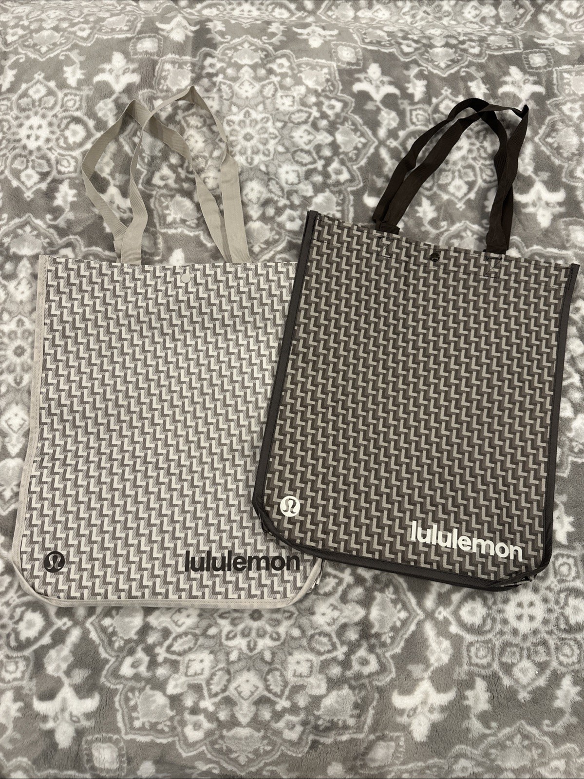 2 New Lululemon Large Reusable Shopper Tote Bag Limited Edition Ivory And Brown