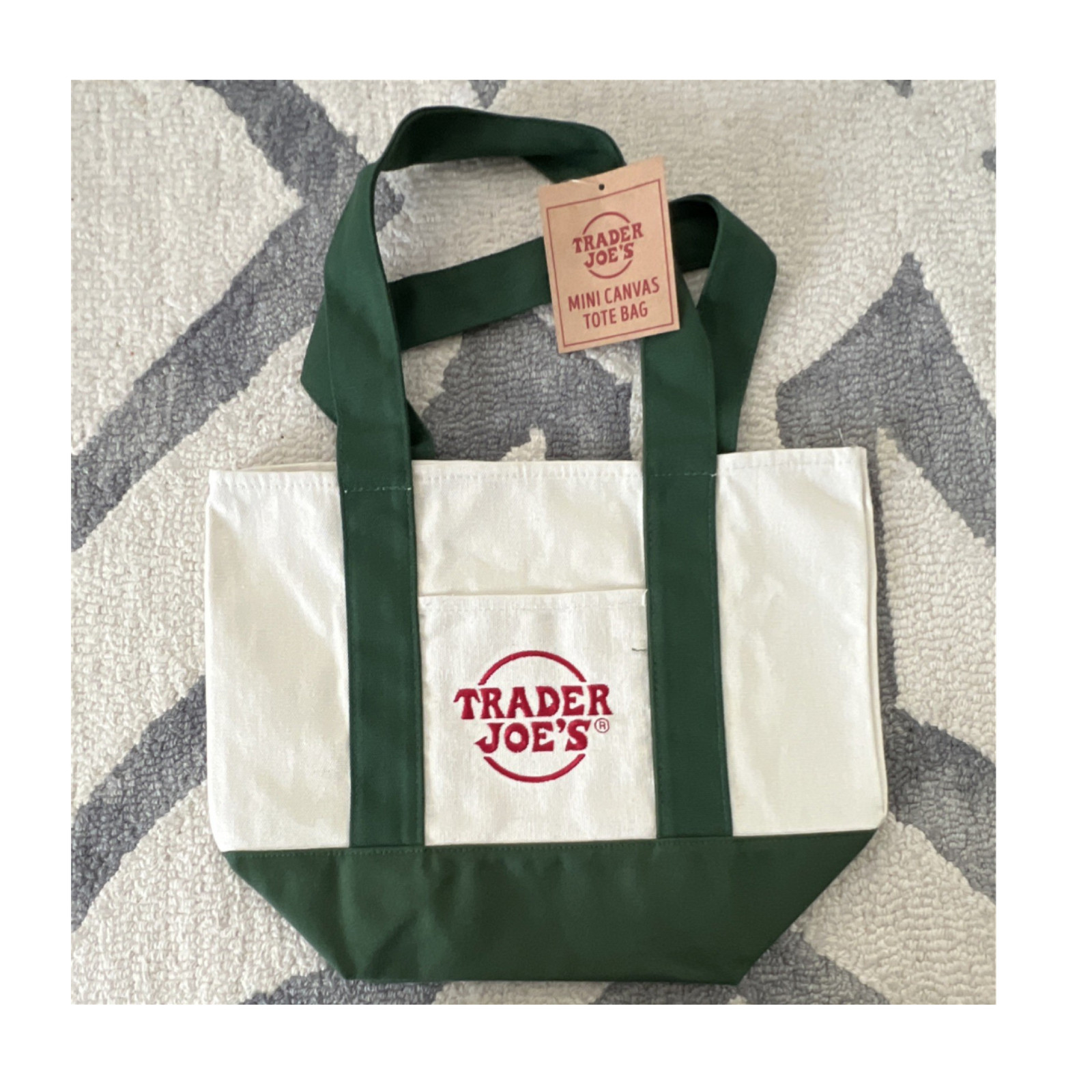 Trader Joe’s Mini Canvas Tote Bag Green White Foldable All-Over Pattern
