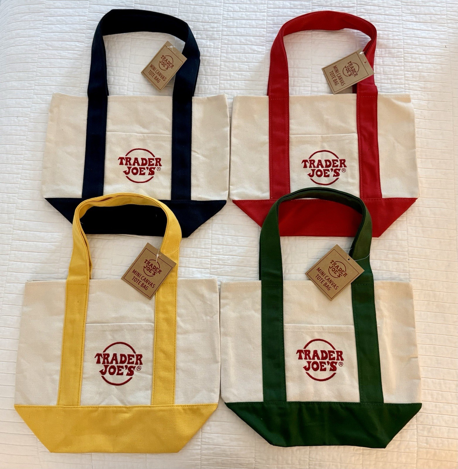 Trader Joe’s Canvas Tote Bag Set 4 RARE LIMITED New w/Tags Red Green Yellow Blue