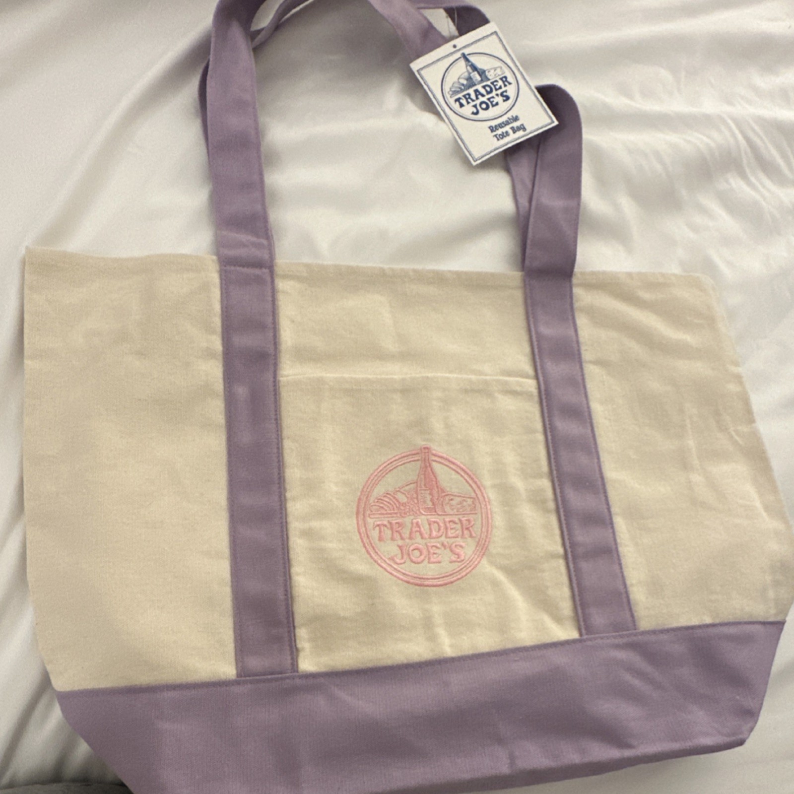 DISCONTINUED! Viral Trader Joe’s Lavender Canvas Tote – Pink Logo – SOLD OUT