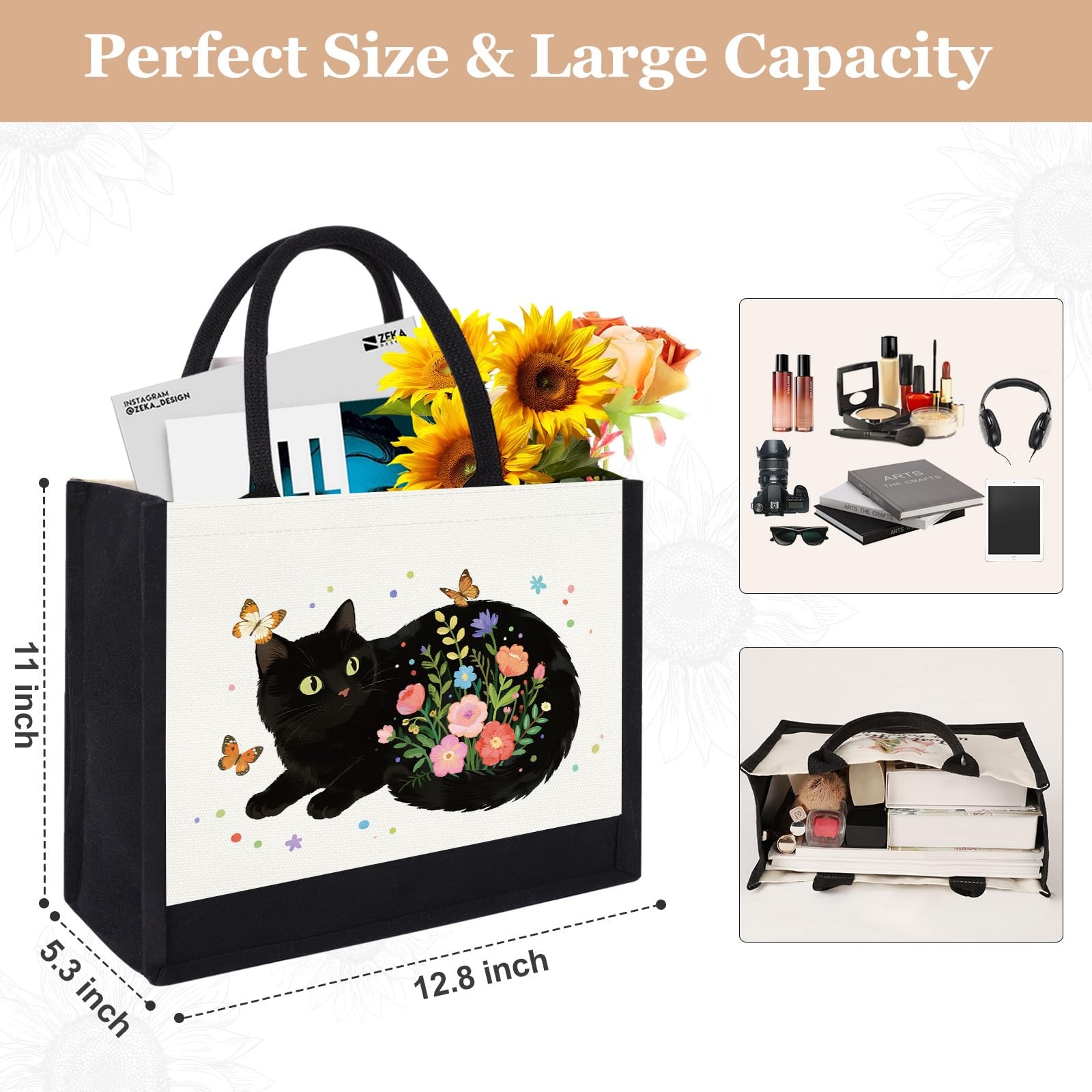 Canvas Tote Bag for Women, Cute Cat Gifts for Black Cat Lovers, Animal Lover …