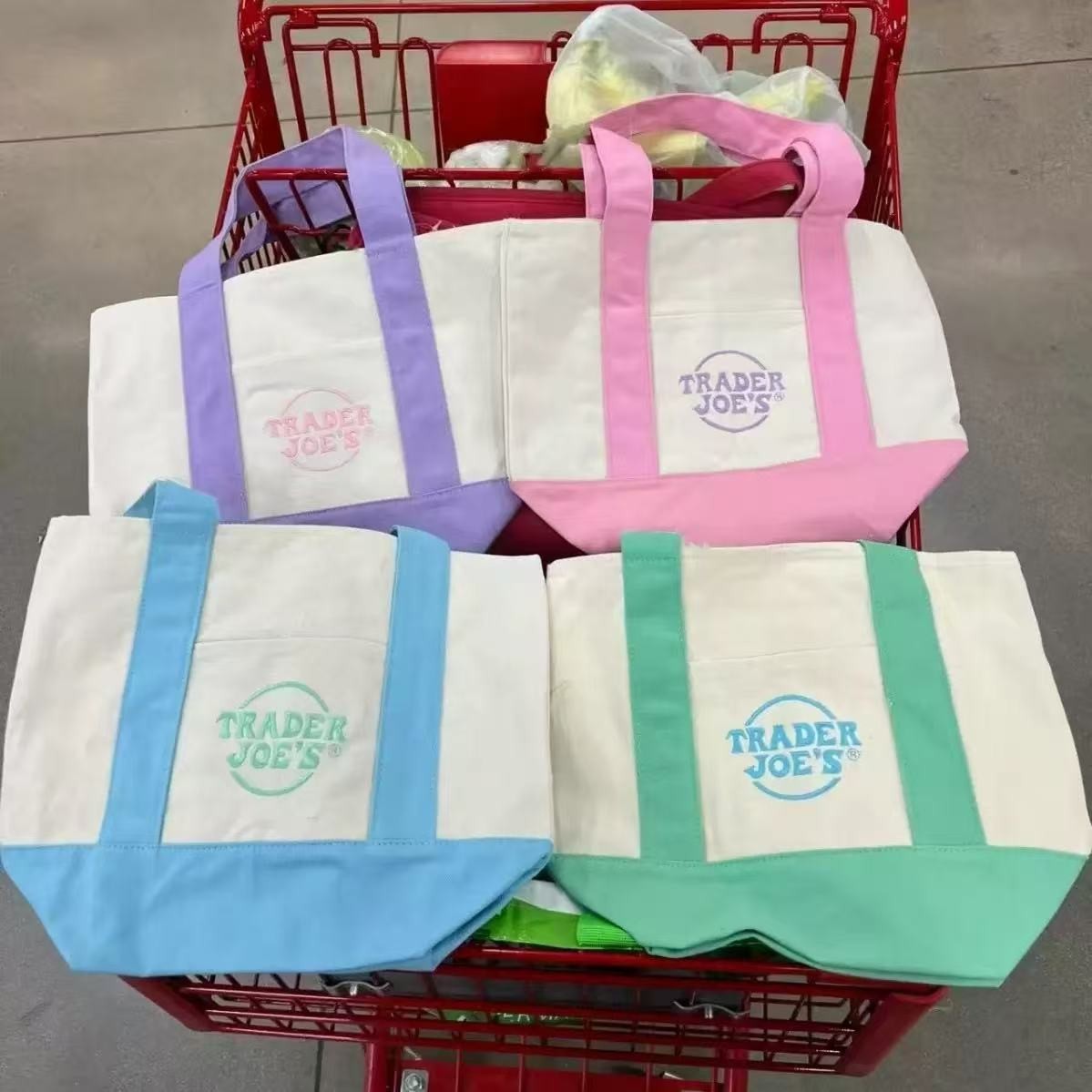 Trader Joe’s Mini Pastel Canvas Tote Bag Blue Green Pink Purple Set Of 4-NWT