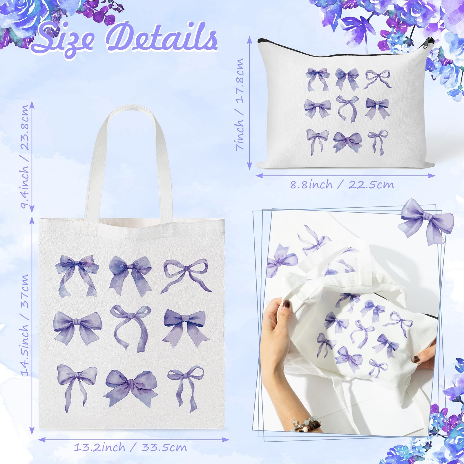Purple Bow Canvas Bag – 2Pcs Coquette Purple Bow Print Design Canvas Tote Bag, C