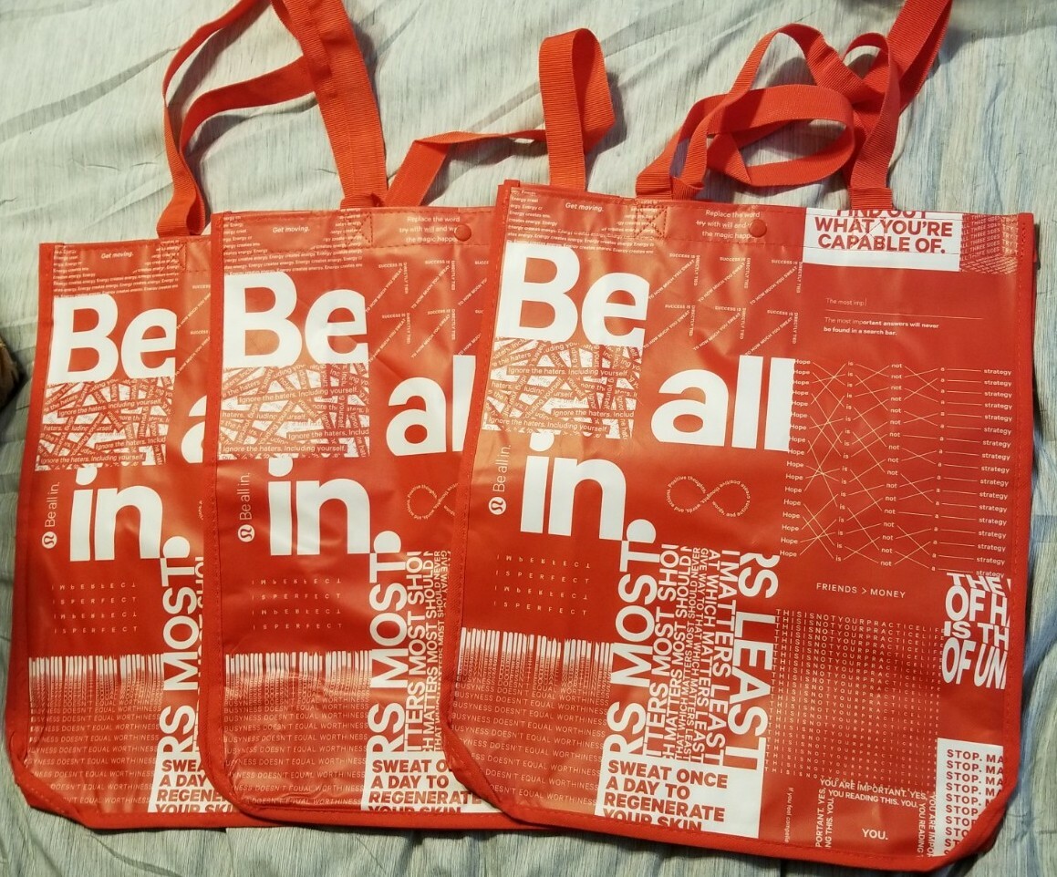 LOT of 3 – RED LULULEMON REUSABLE SHOPPING BAG SNAP CLOSURE LARGE – 14×16