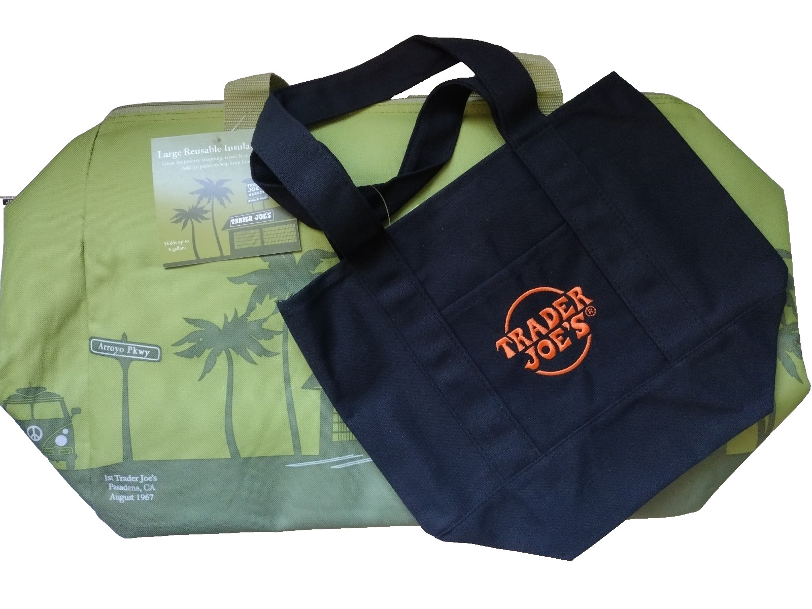 2PC Combo Trader Joe’s Olive Green 8gal INSULATED Bag/1 Black Mini Tote Canvas