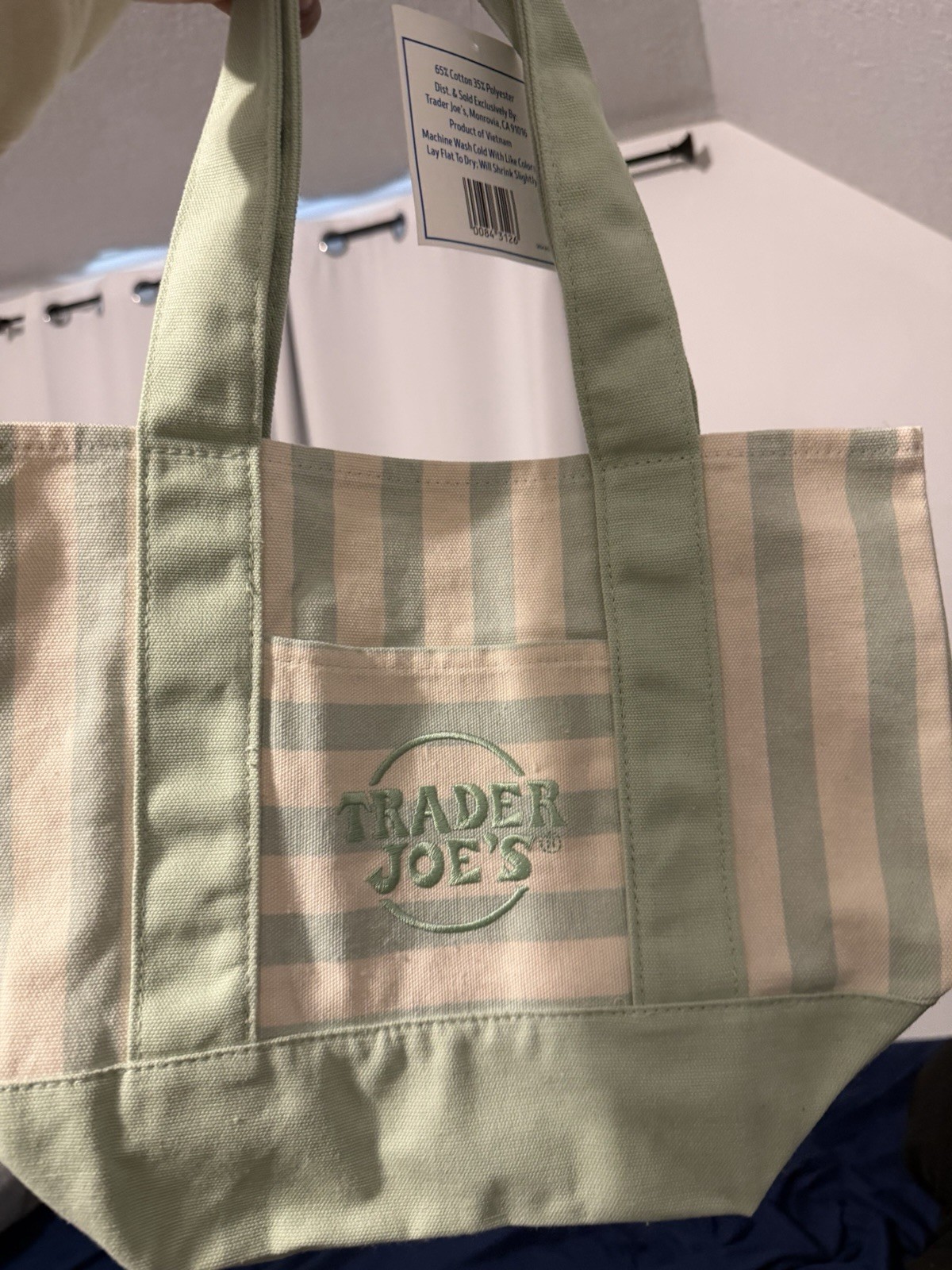 Trader Joe’s Small Reusable Tote Bag Green & White Striped Polyester/Cotton
