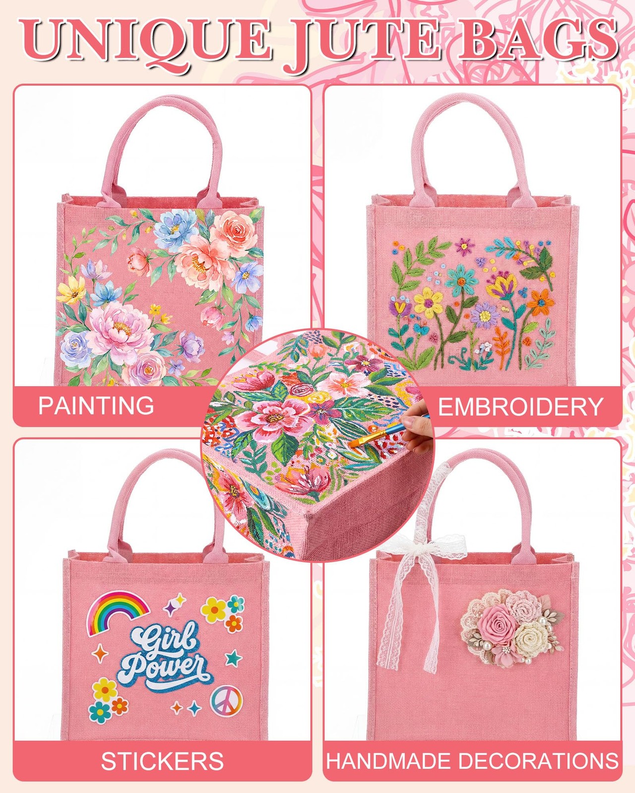 6 PCS Burlap Tote Bags Reusable Pink Jute Grocery Waterproof 12.2x11x4.7 In