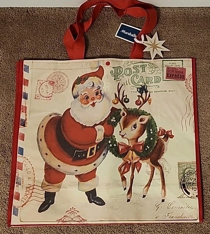 Marshalls – Vintage Cartoon Santa & Reindeer – Large Reusable Shopping Tote Bag