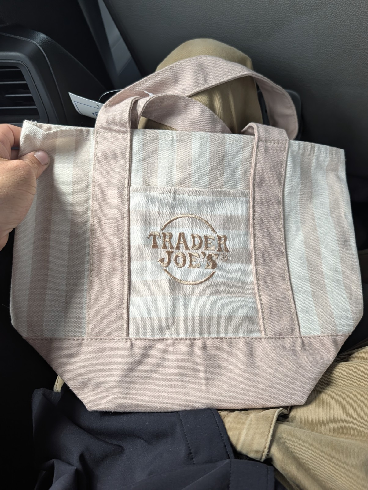 Trader Joe’s Striped Mini Canvas Tote Bag Beige/Pink Cotton/Poly 13x6x10 in