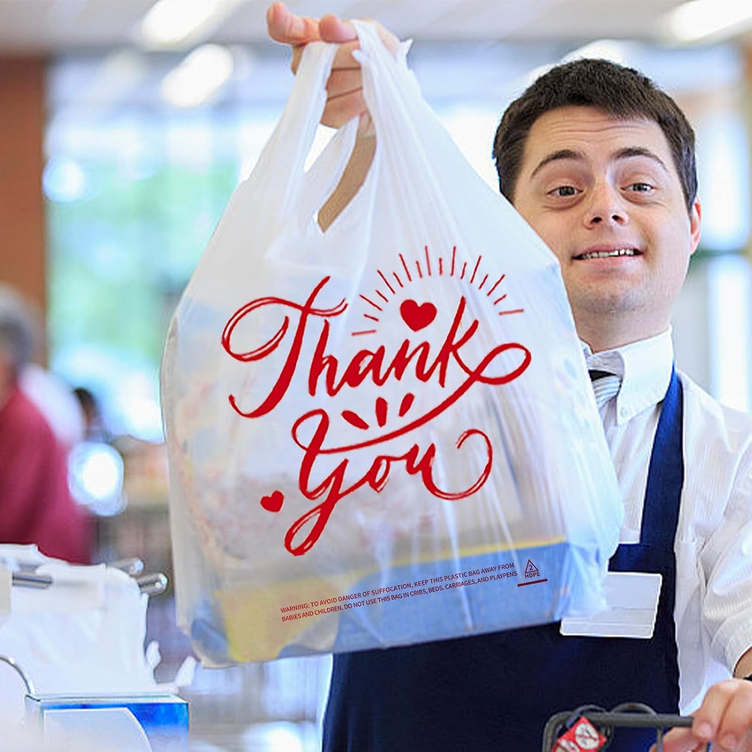 100 Pack White Thank You T-Shirt Bags – 11.5″x6.5″x21″ Reusable Grocery Bags