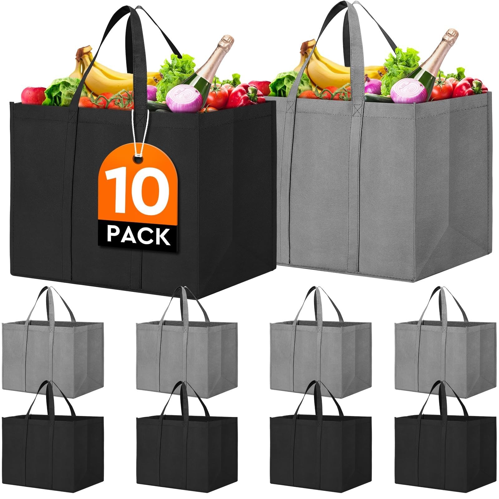 WISELIFE Reusable Grocery Shopping Bags 10 Pack Large Large, Black, Grey