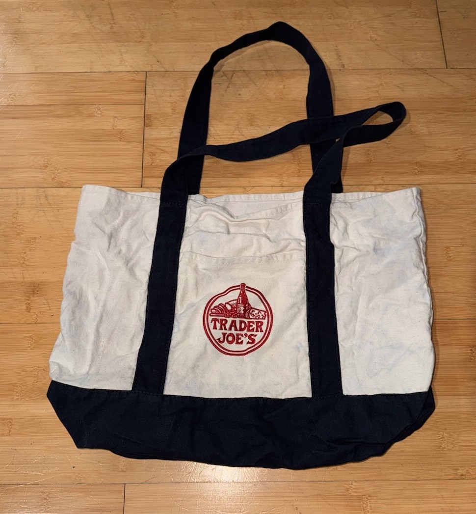 Trader Joe’s Canvas Tote Bag Cream Navy Reusable Grocery Shoulder Bag