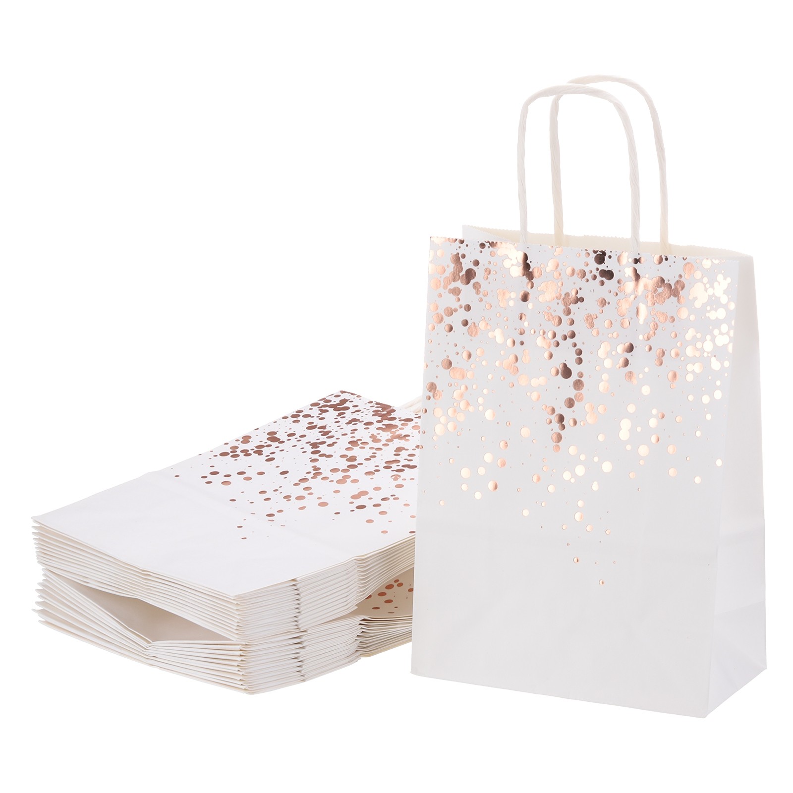 24Pcs Kraft Gift Bags with Handles Bulk, White Rose Gold Dot Party Favor Bags