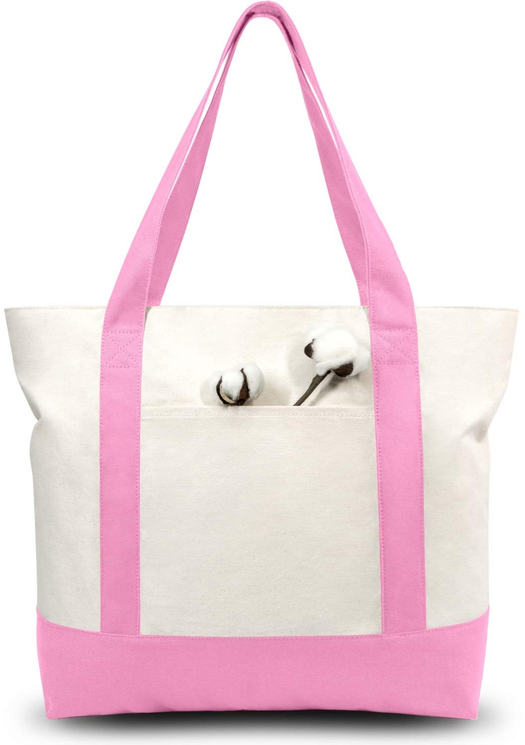 TOPDesign 1-Pack Canvas Tote Bag with an External Pocket, Large, Pink/Natural