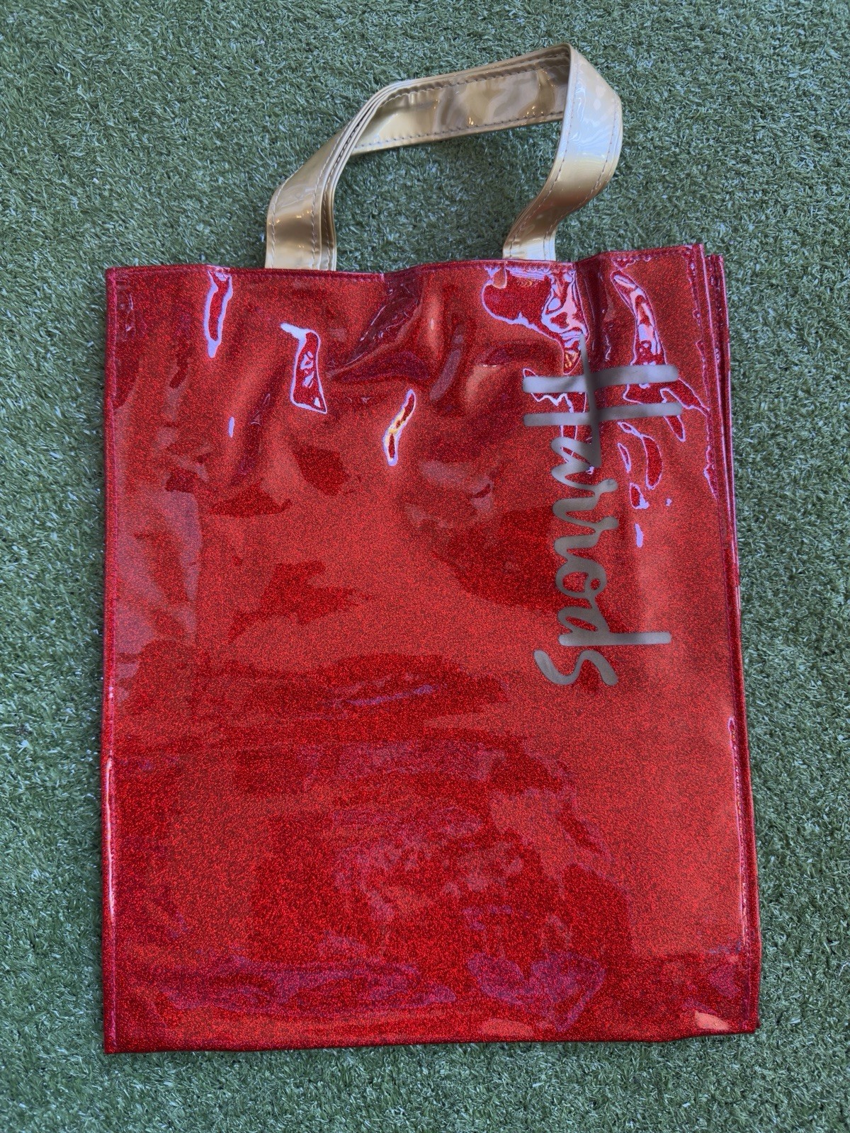 Harrods Red Foldable Reusable Shopping Bag Plastic Gold Handles Zippered Pocket