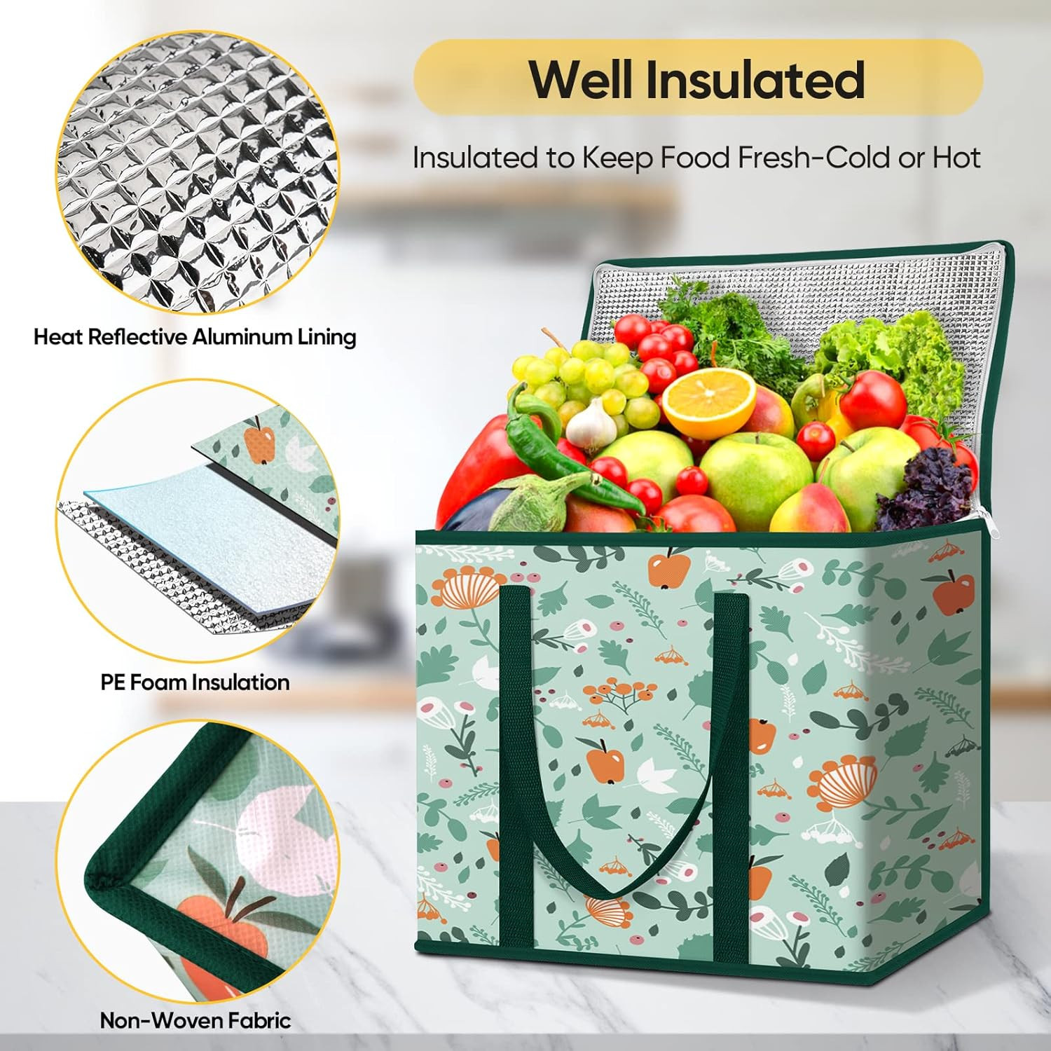 2Pk Insulated Reusable Grocery Bags, Collapsible Cooler Bag for Groceries, Heavy