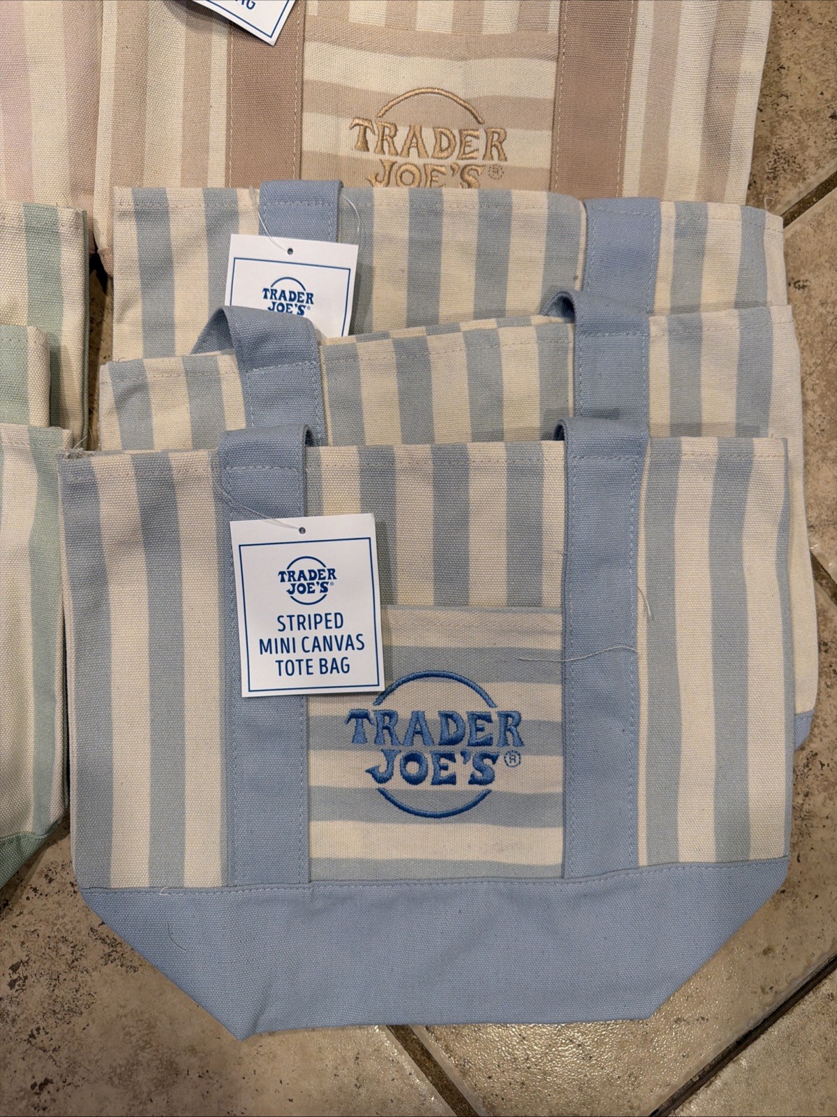 TRADER JOE’S PASTEL STRIPE CANVAS TOTE BAGS (3) SETS of 4! 12 Bags With Tags