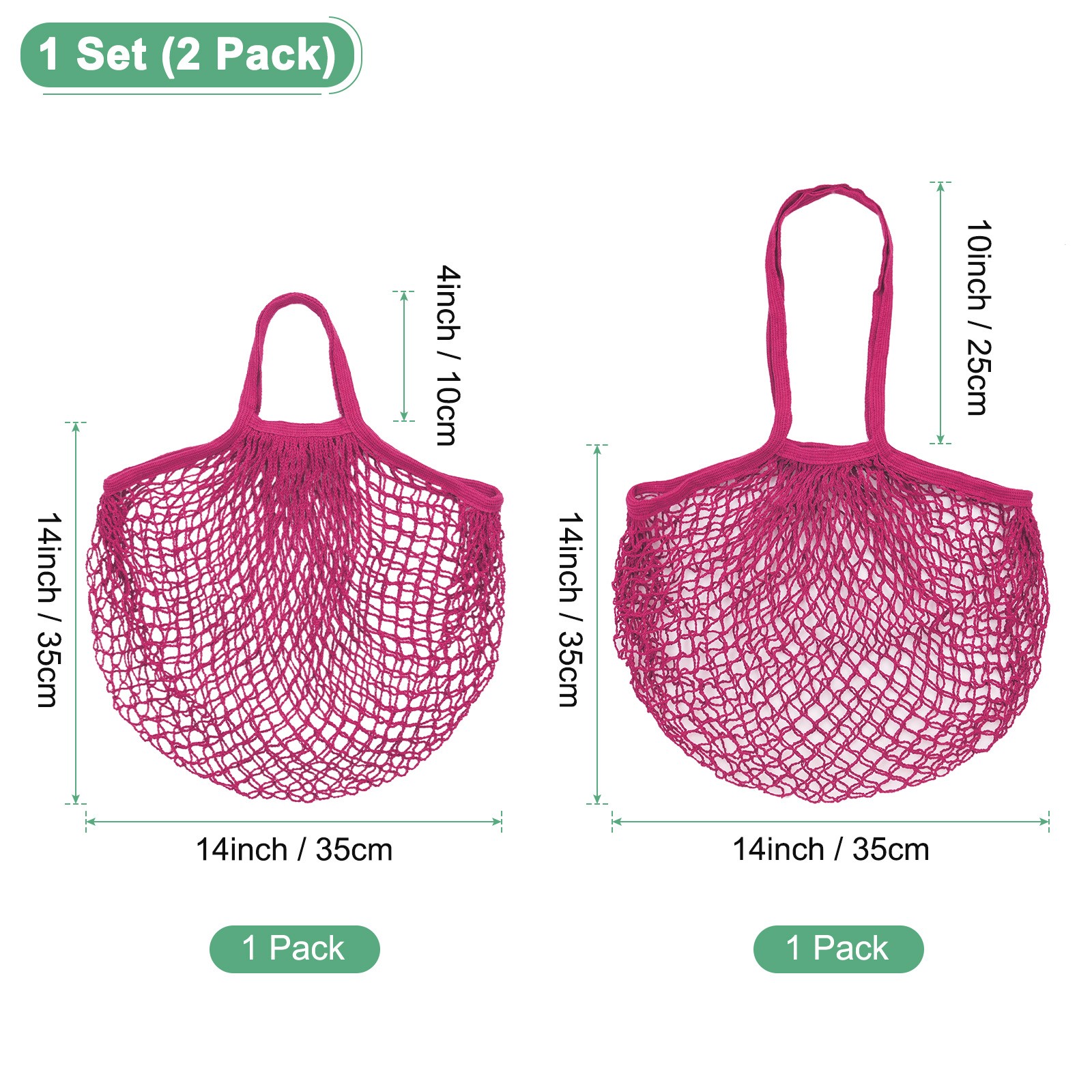 2-Pack Reusable Mesh Net String Grocery Bags [Rose Red,Long&Short Handle]
