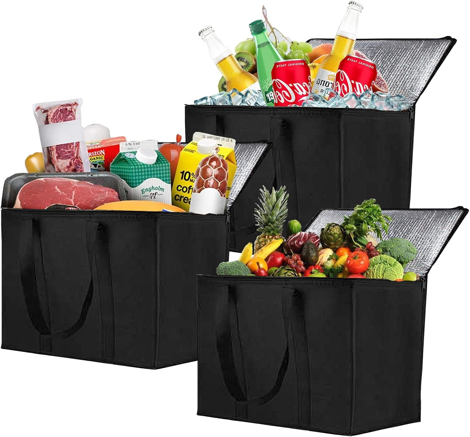 3 Pack Insulated Grocery Bags with Zippered Top, Black Shopping Bags with Handle