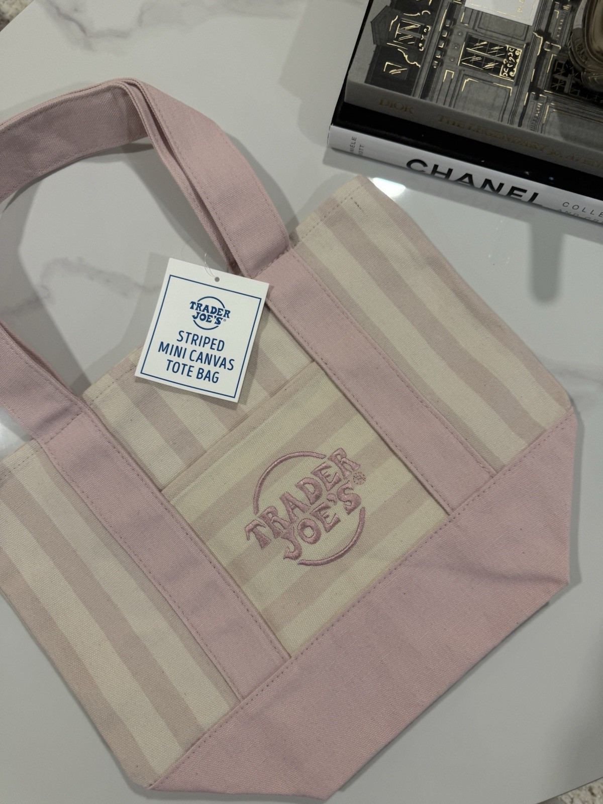 Trader Joe’s Striped Mini Canvas Tote Bag Pink and Beige (Pink & White) 2026 NEW