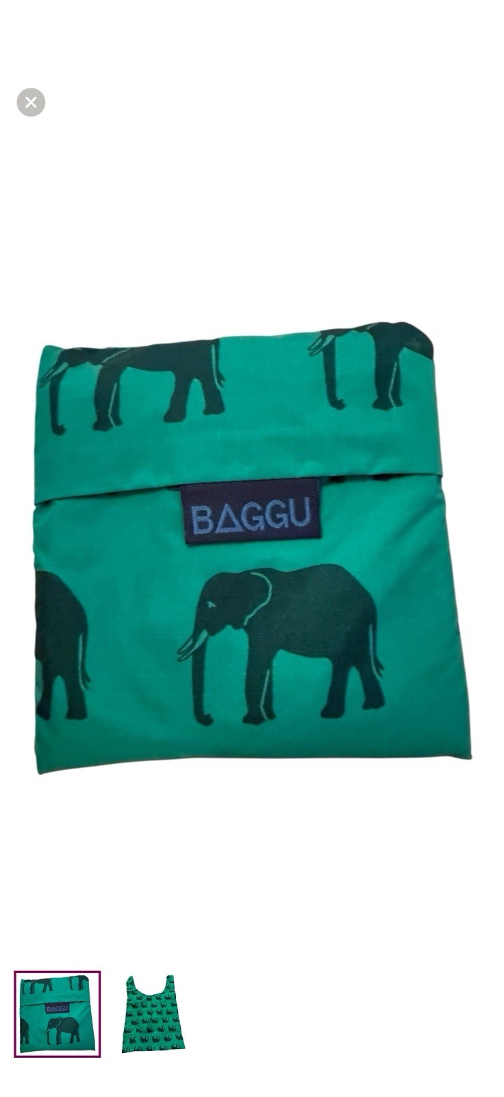 BAGGU Reusable Foldable Nylon Shopping Bag Green Elephant Animal Print