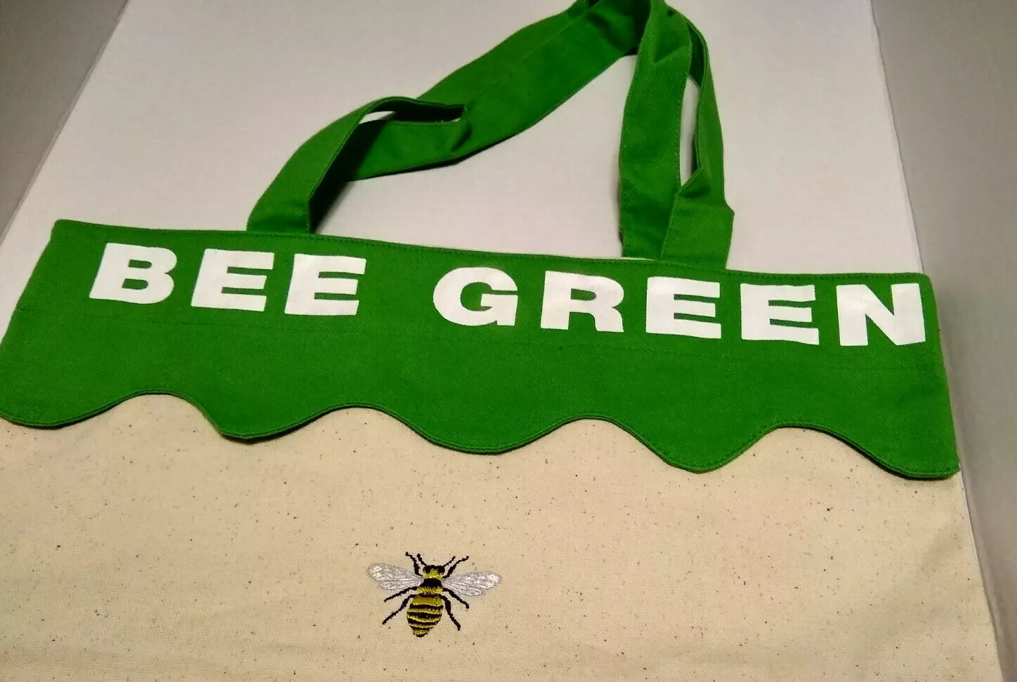 Bee Green Canvas Tote Bag Bumble Bee Off White Cotton Shopping Bag with Handles
